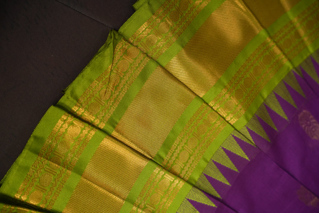 Purple and Green Gadwal Cotton Saree with Gold Zari Border
