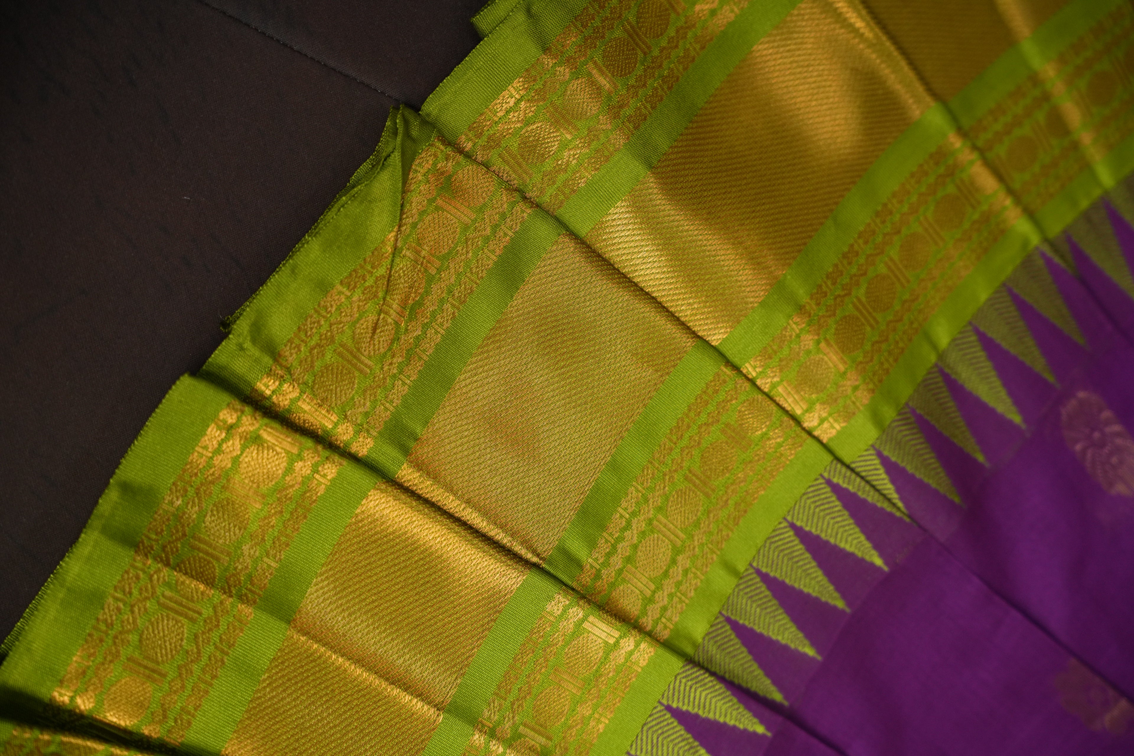 Purple and Green Gadwal Cotton Saree with Gold Zari Border