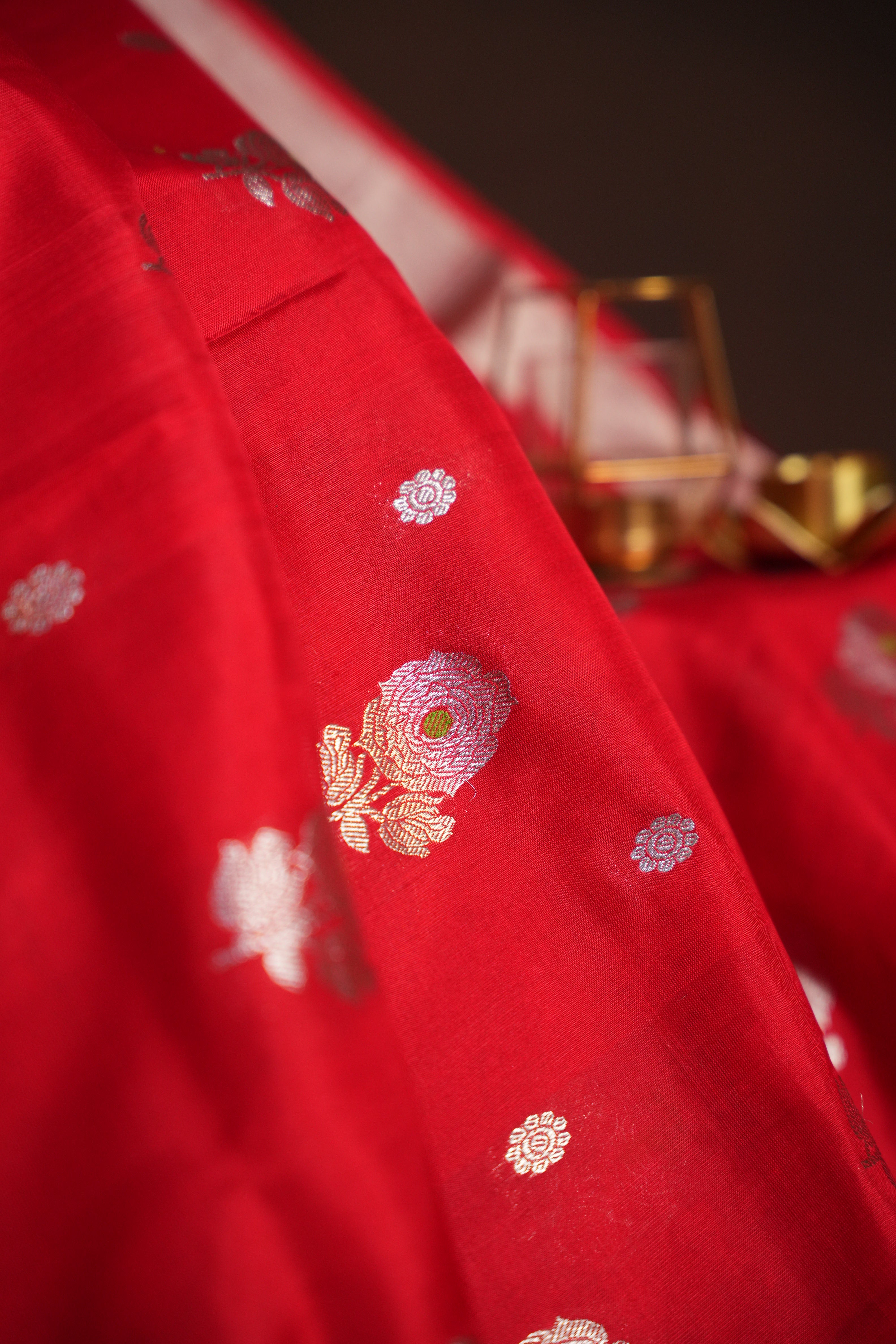 Red Maharani Pattu Saree with Silver Floral Motifs