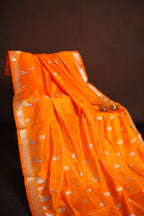 Orange Maharani Pattu Saree with Silver Peacock Motifs