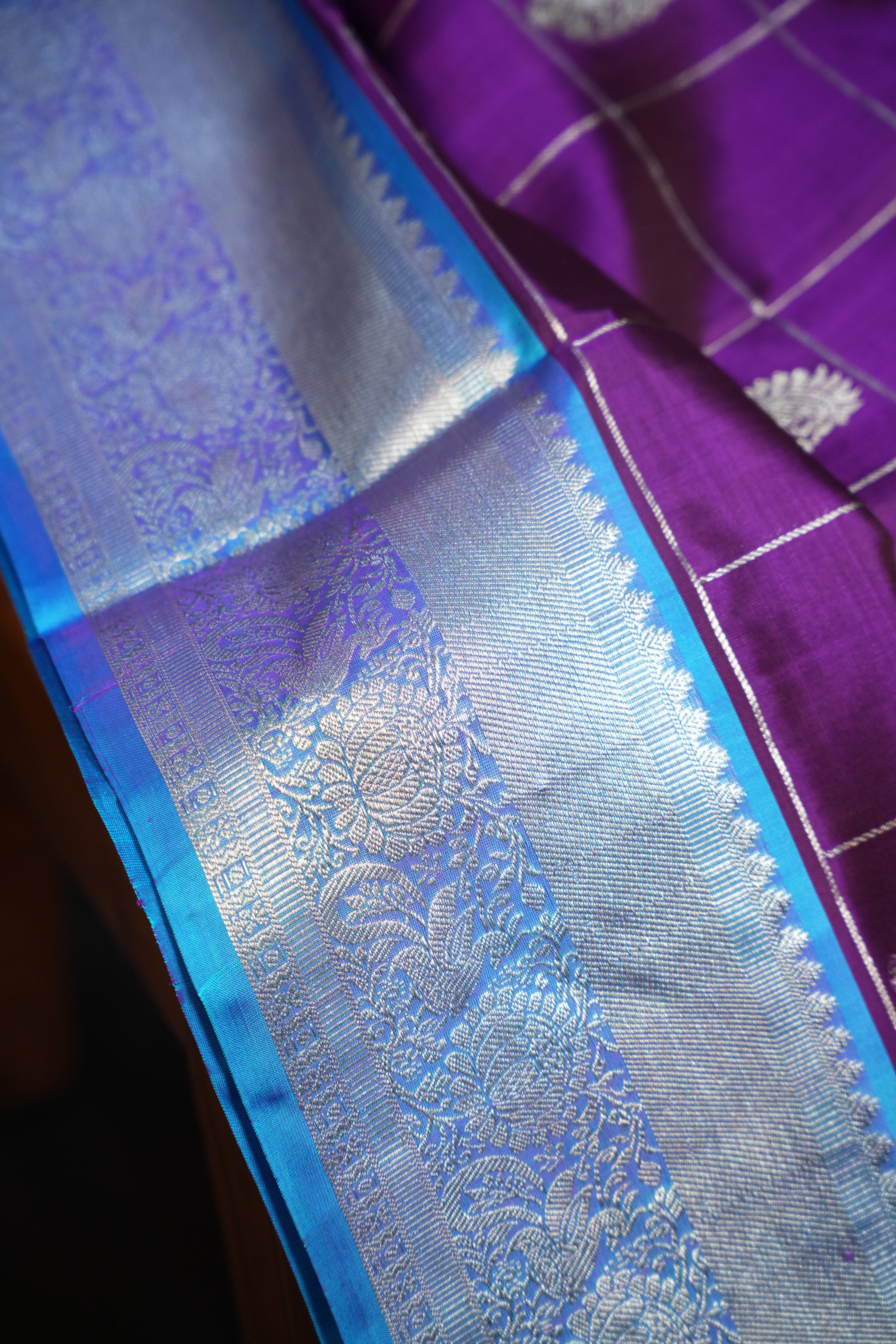 Purple Maharani Pattu Saree with Silver Zari Checks