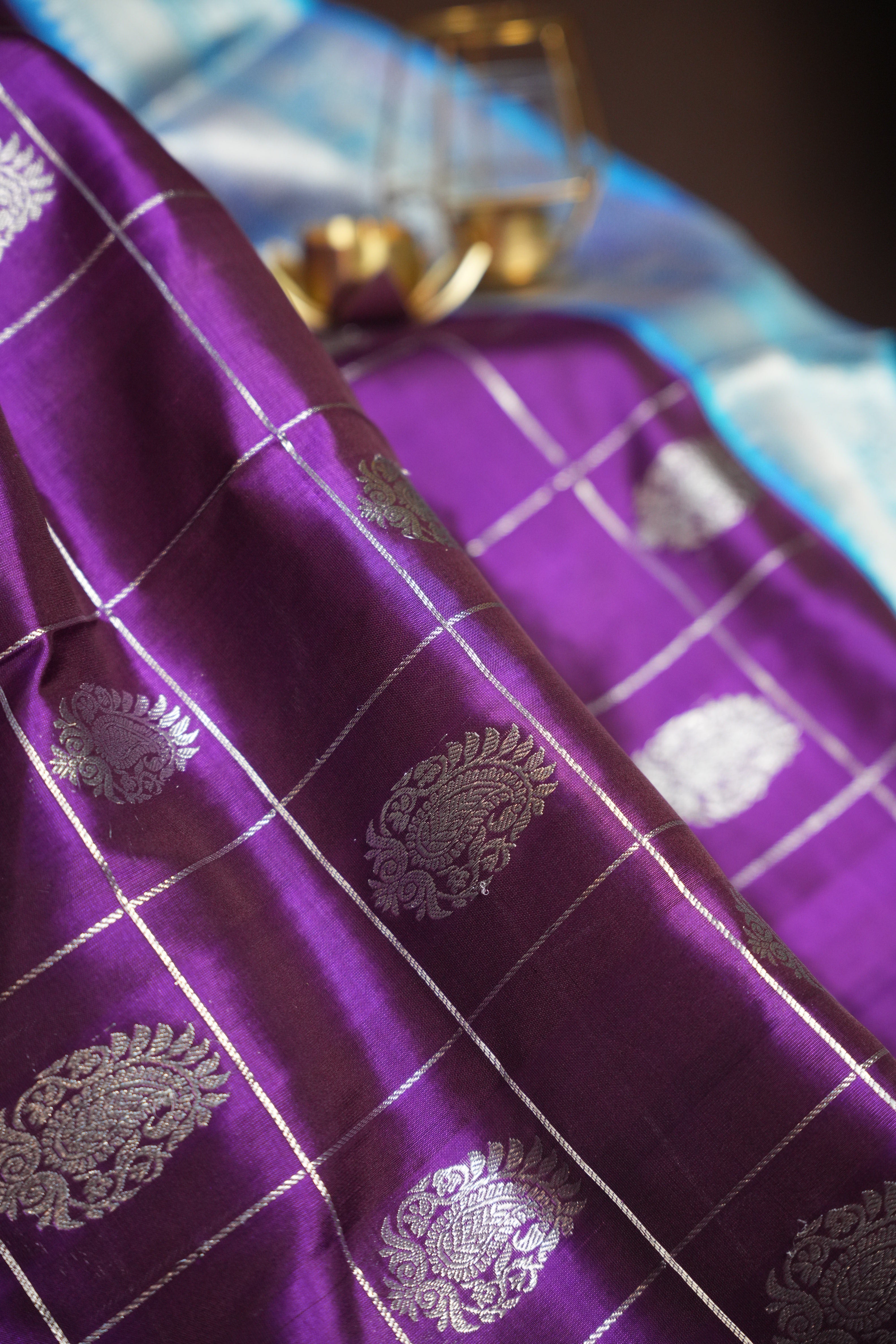 Purple Maharani Pattu Saree with Silver Zari Checks