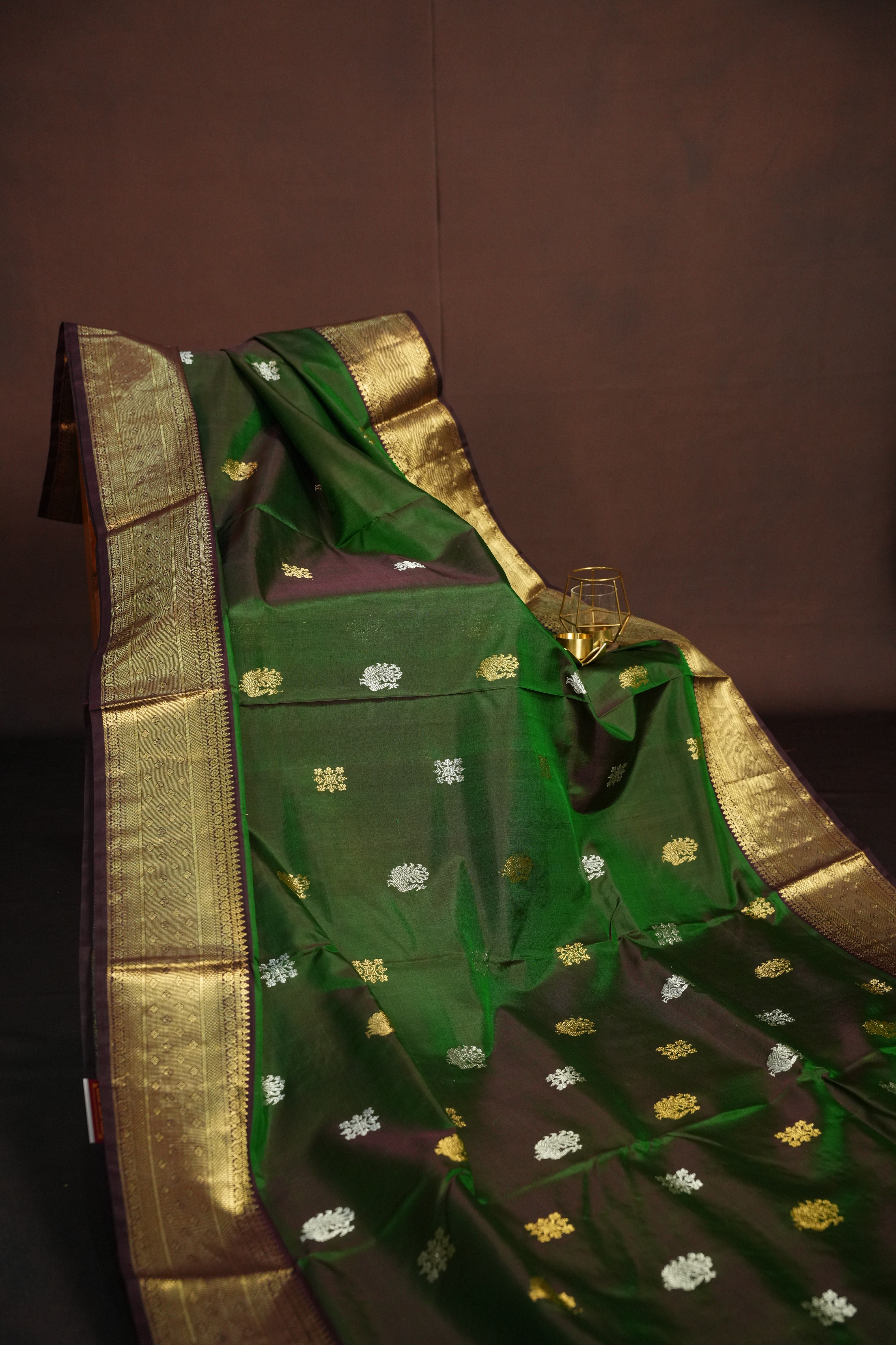 Bottle Green Maharani Pattu Saree with Gold Zari Border