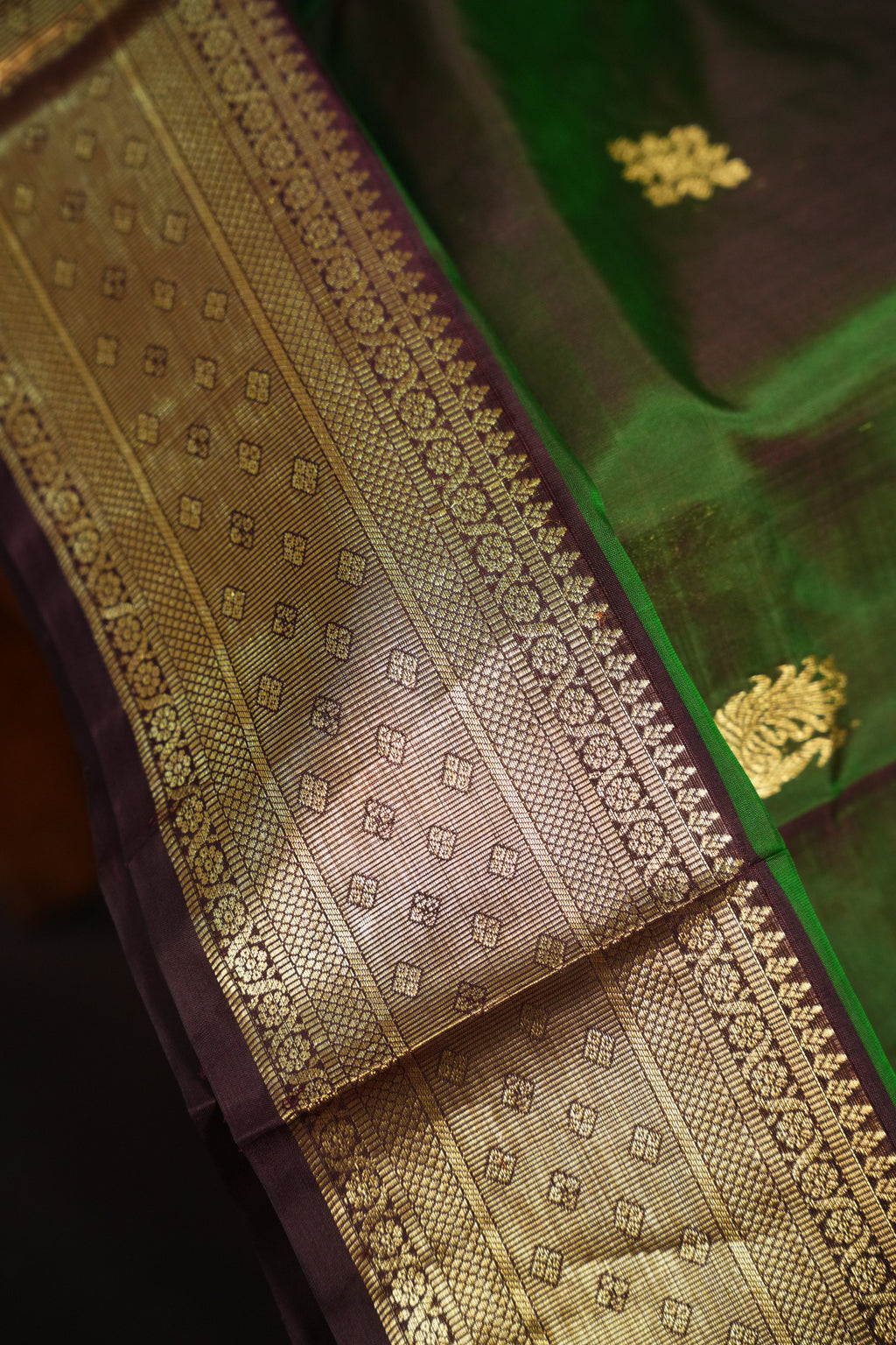 Bottle Green Maharani Pattu Saree with Gold Zari Border