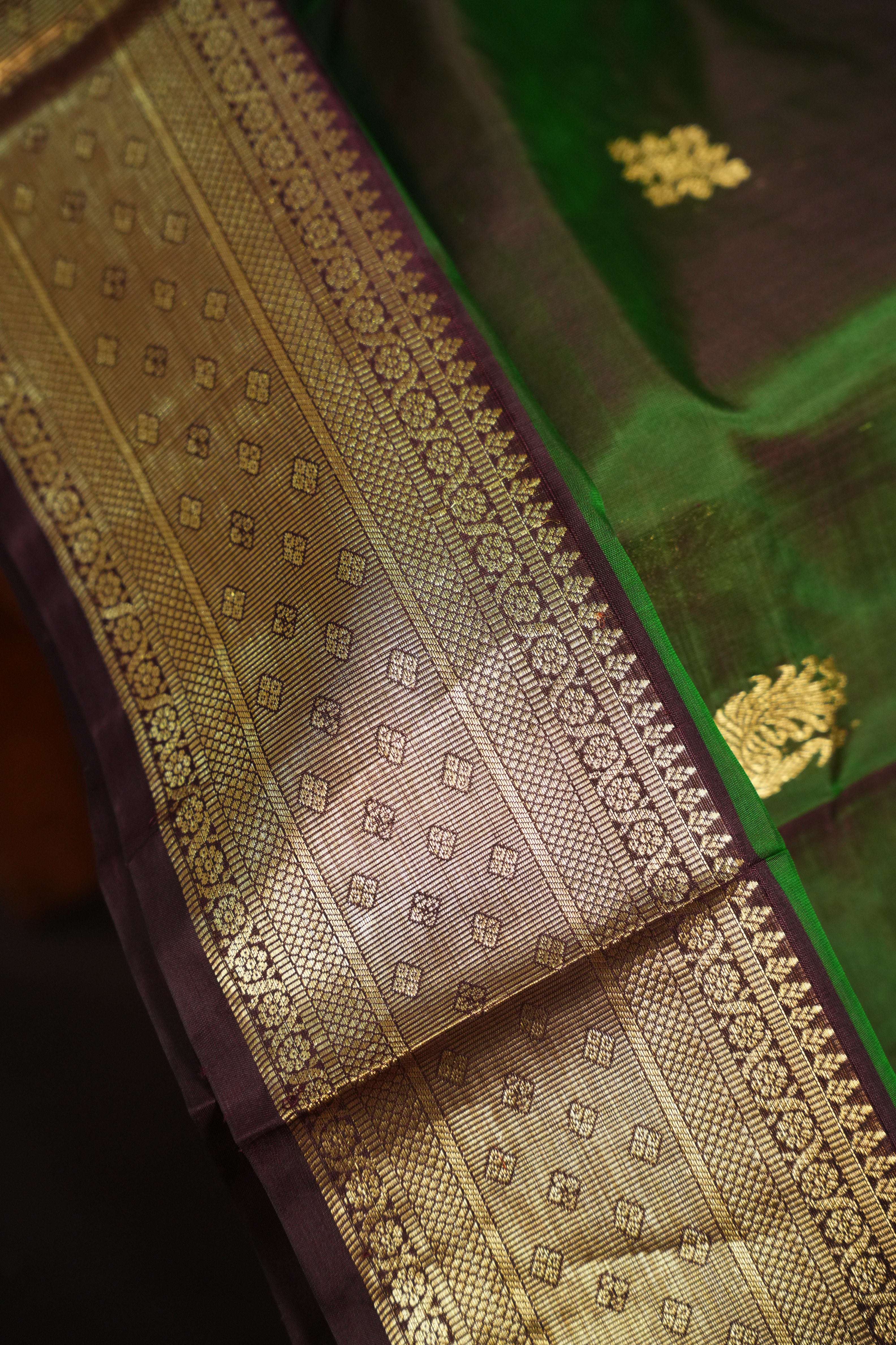 Bottle Green Maharani Pattu Saree with Gold Zari Border