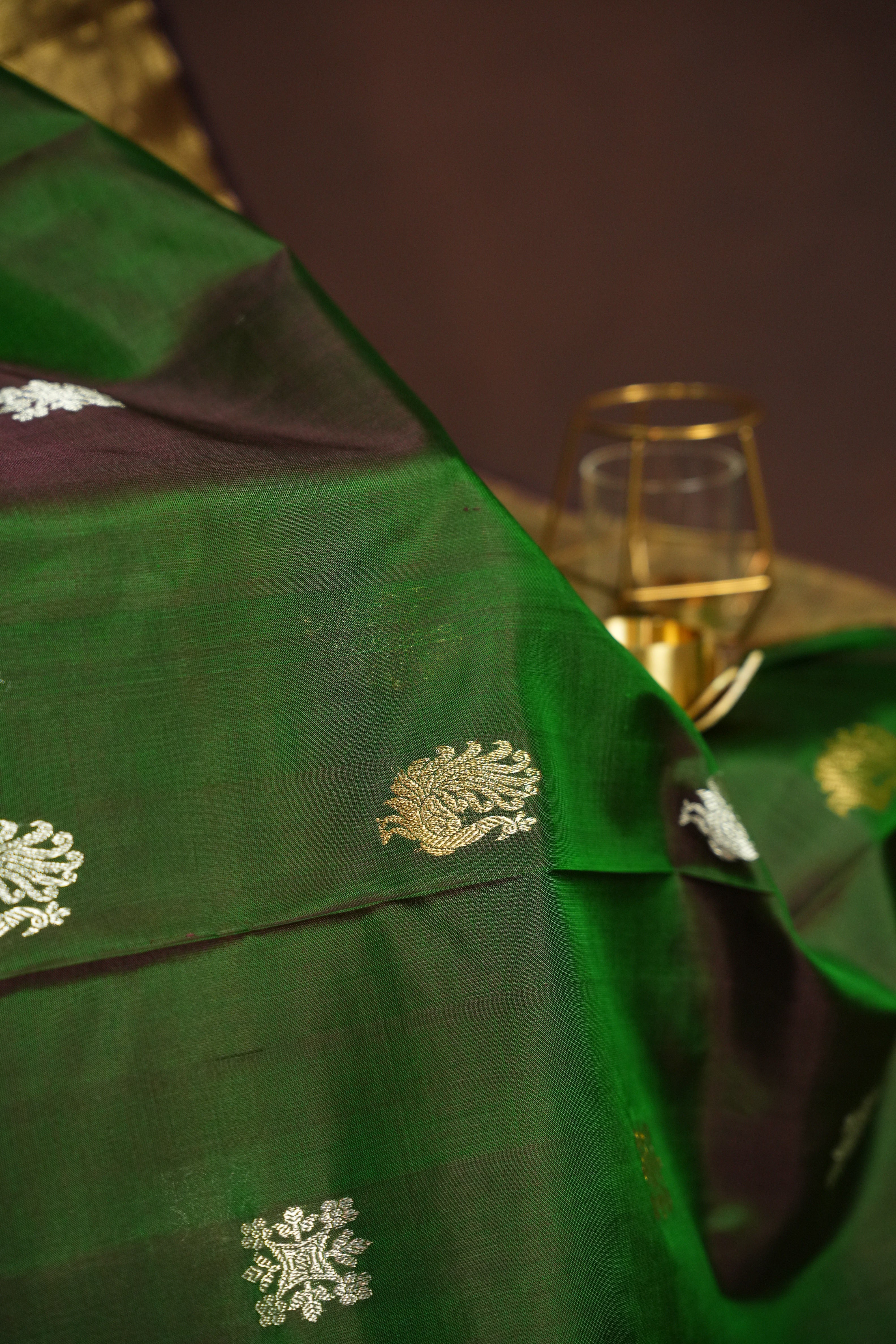 Bottle Green Maharani Pattu Saree with Gold Zari Border