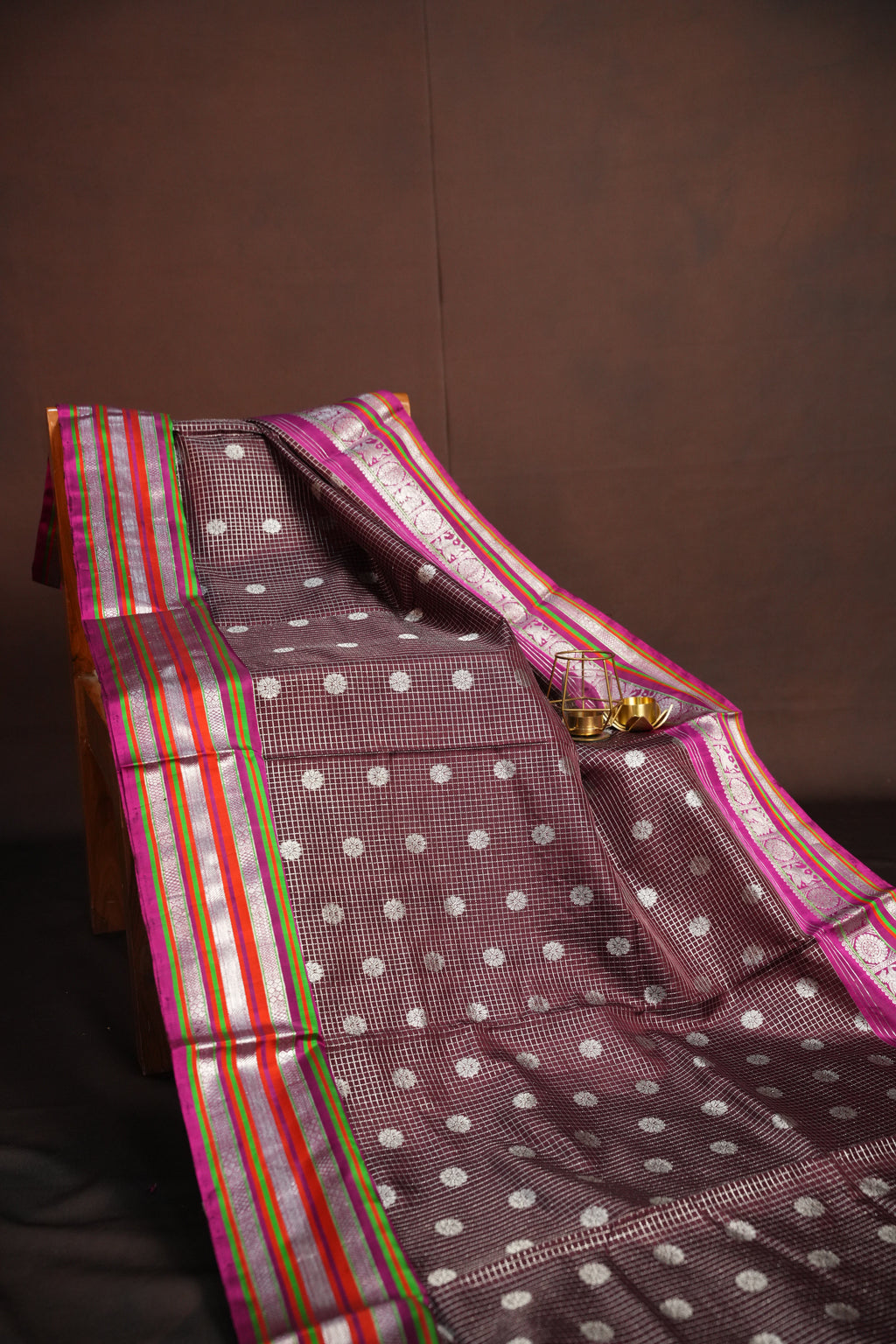 Maroon Maharani Pattu Saree with Silver Zari Checks
