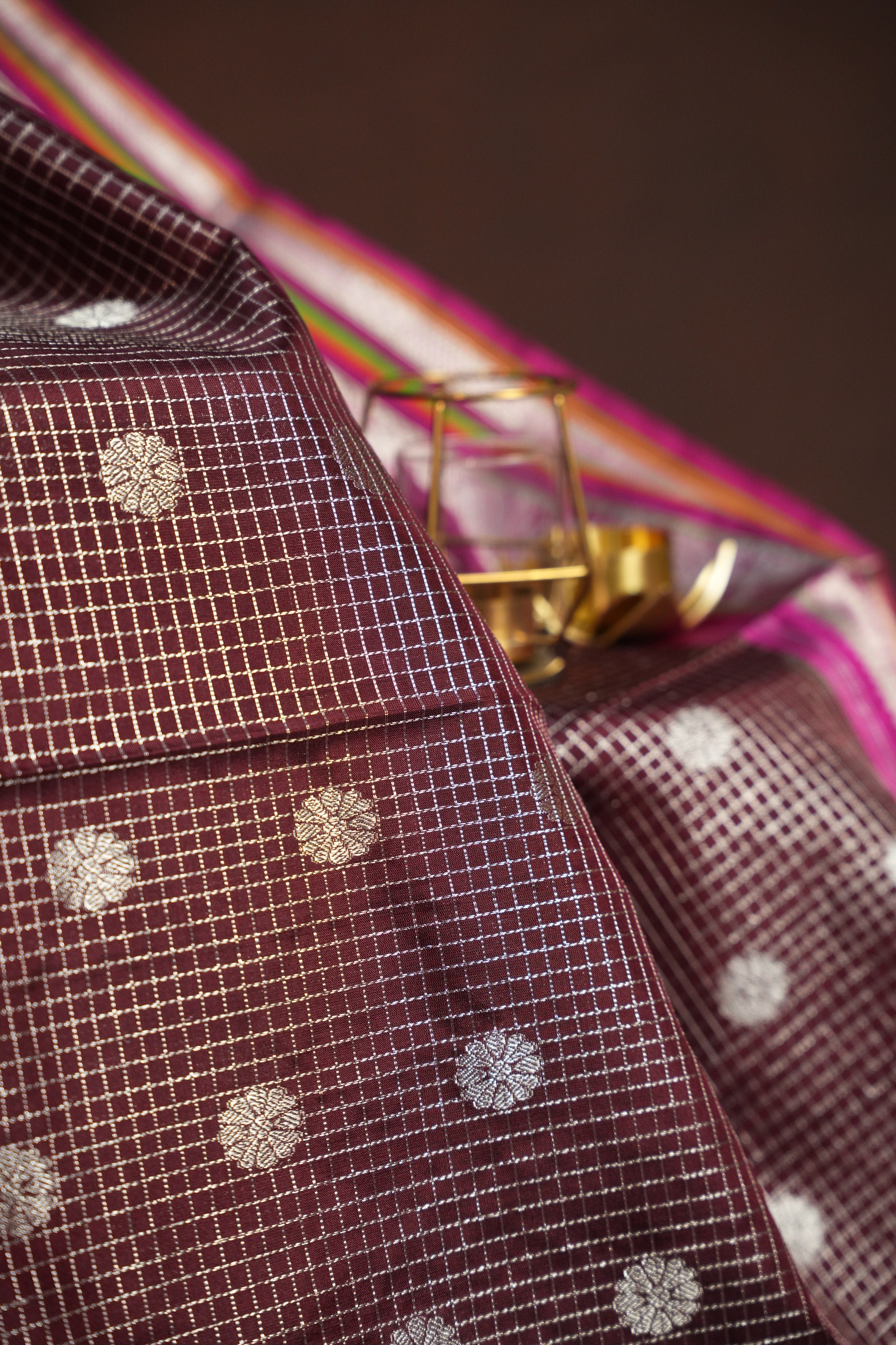 Maroon Maharani Pattu Saree with Silver Zari Checks