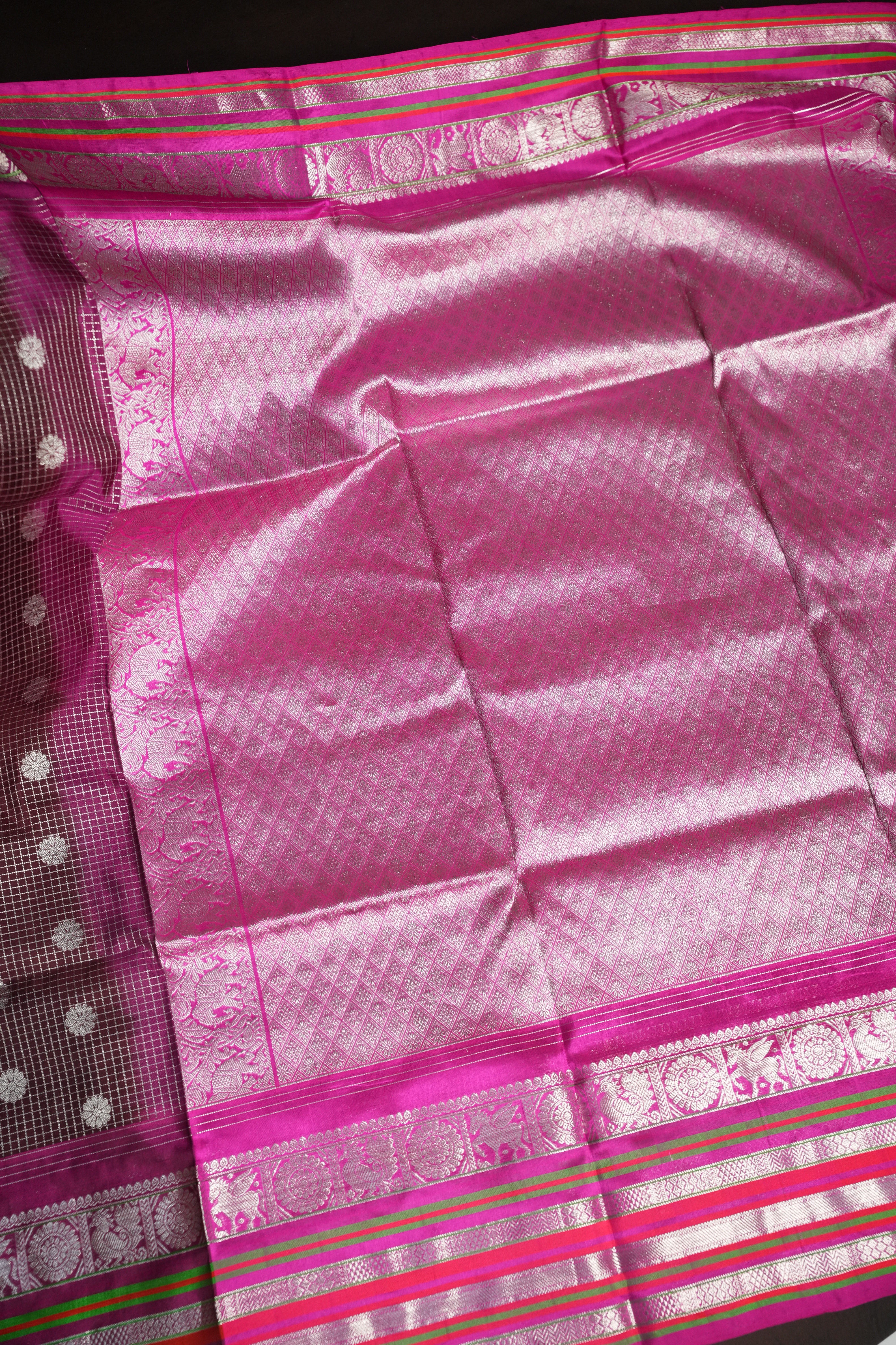 Maroon Maharani Pattu Saree with Silver Zari Checks