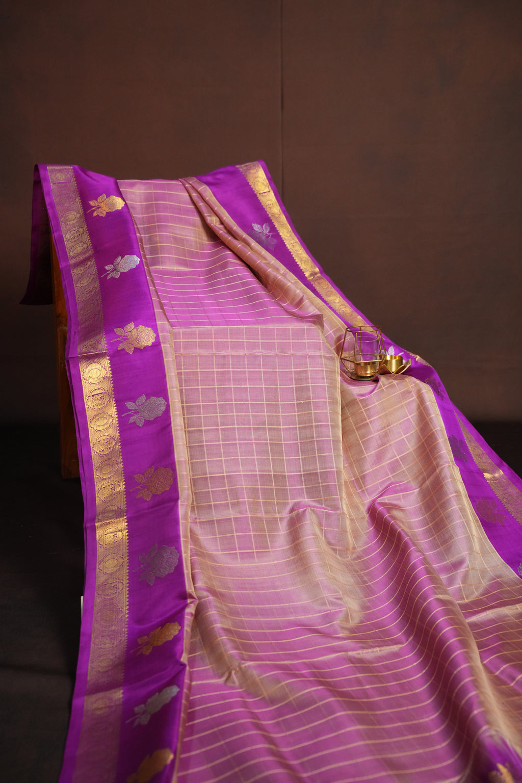 Pink and Purple Maharani Pattu Saree with Gold Zari Checks
