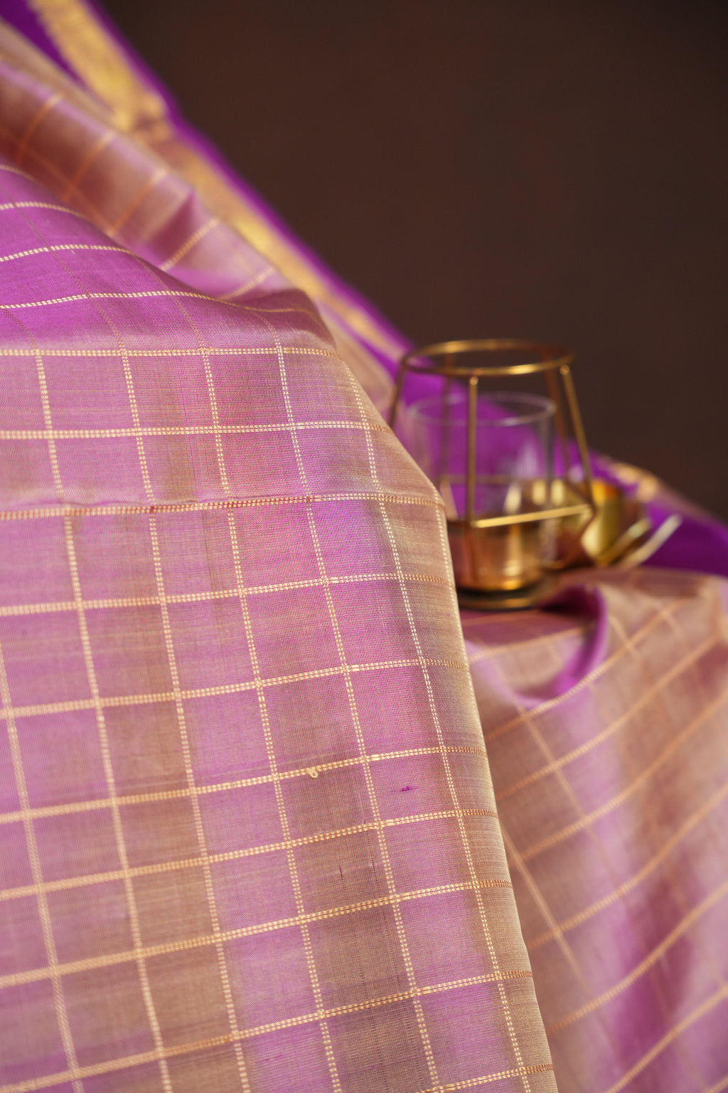 Pink and Purple Maharani Pattu Saree with Gold Zari Checks