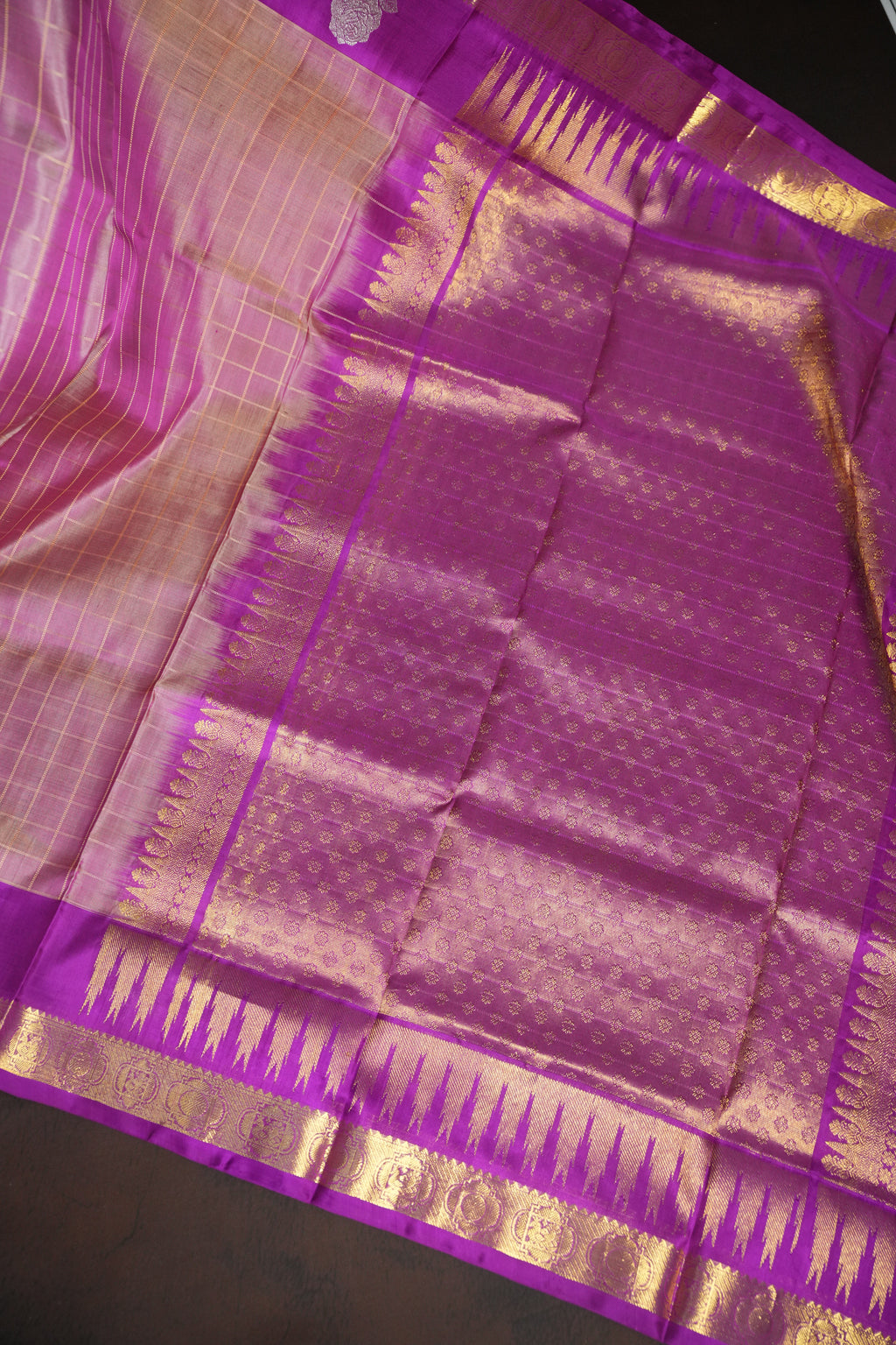 Pink and Purple Maharani Pattu Saree with Gold Zari Checks