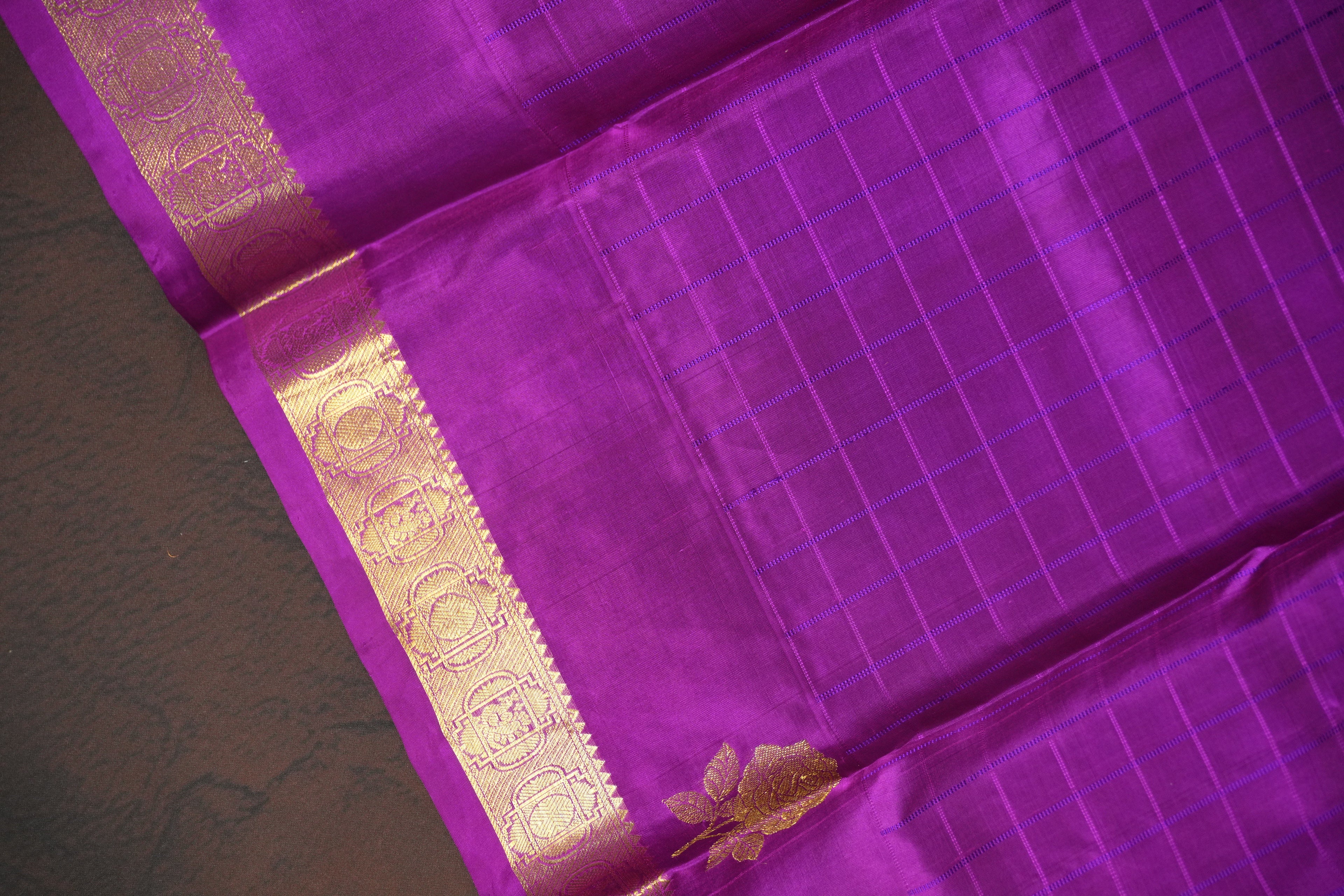 Pink and Purple Maharani Pattu Saree with Gold Zari Checks