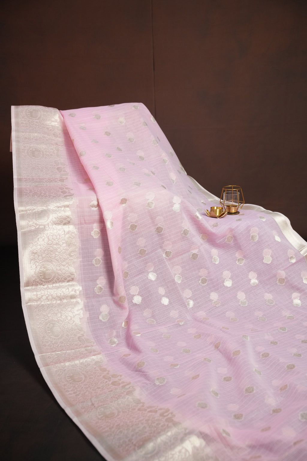 Baby Pink Banaras Silk Saree with Silver All Over Butta