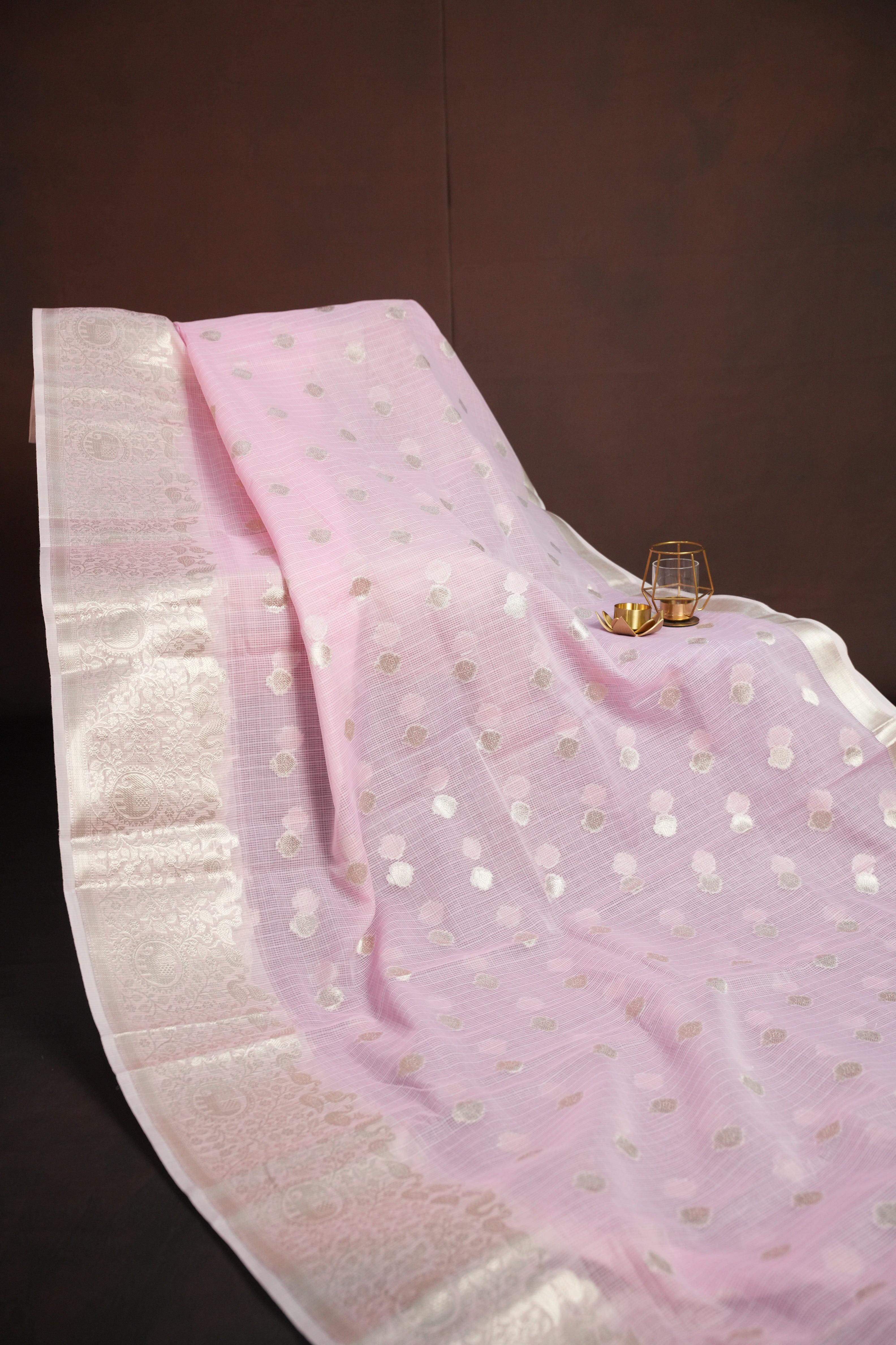 Baby Pink Banaras Silk Saree with Silver All Over Butta