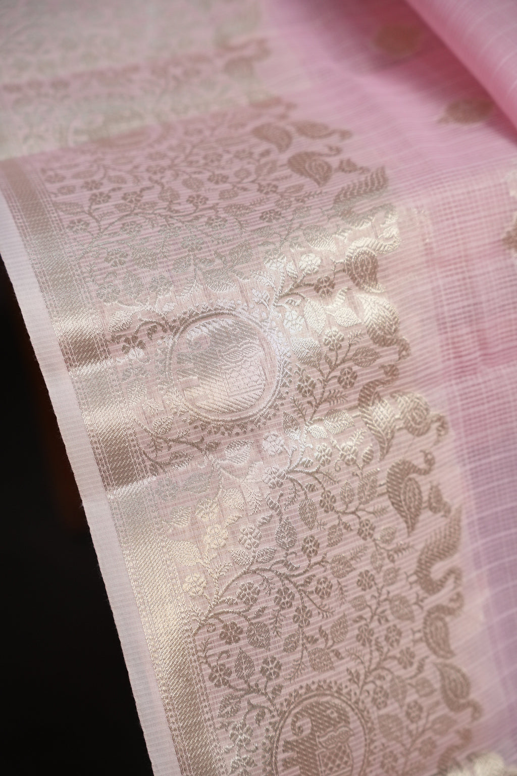 Baby Pink Banaras Silk Saree with Silver All Over Butta