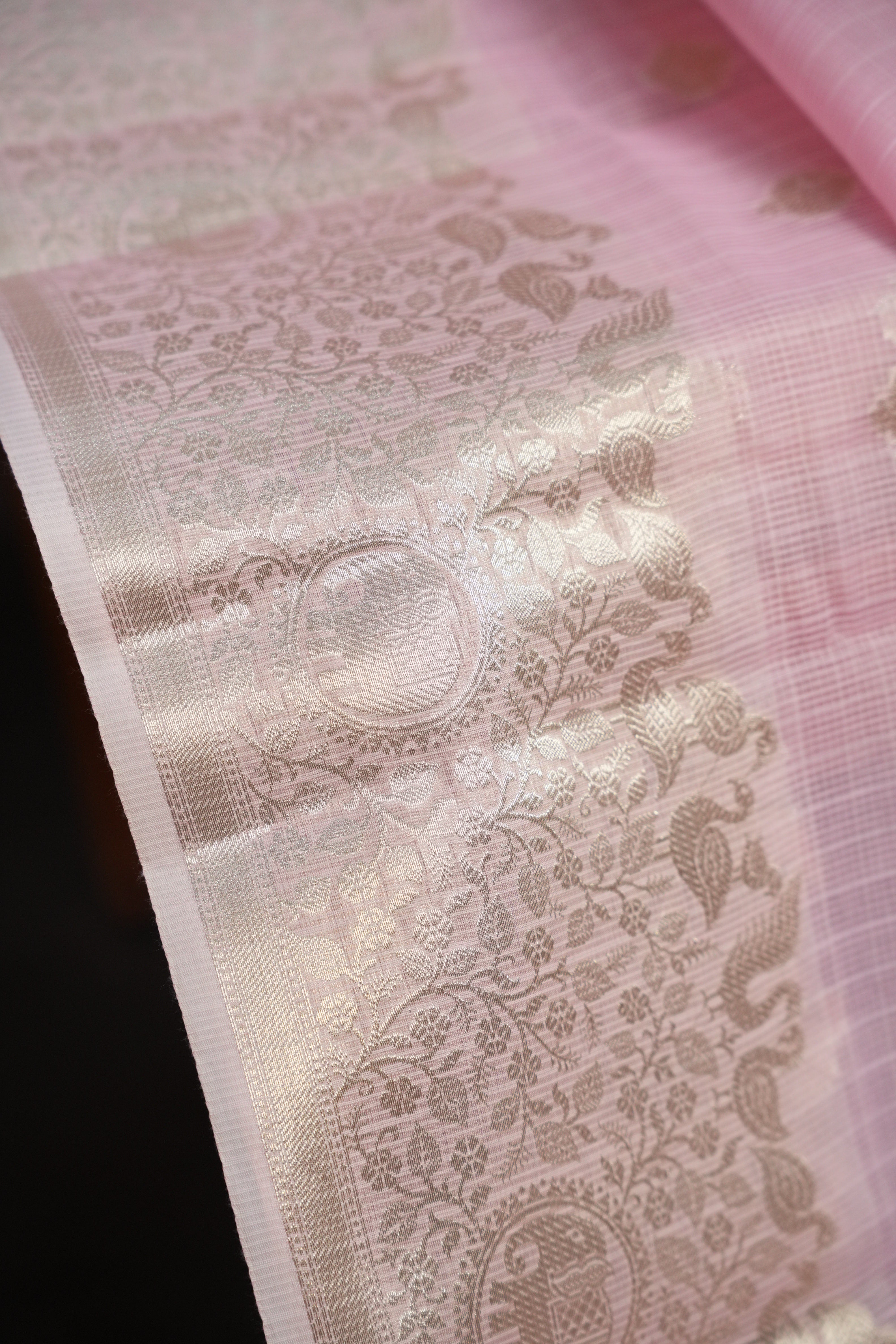Baby Pink Banaras Silk Saree with Silver All Over Butta