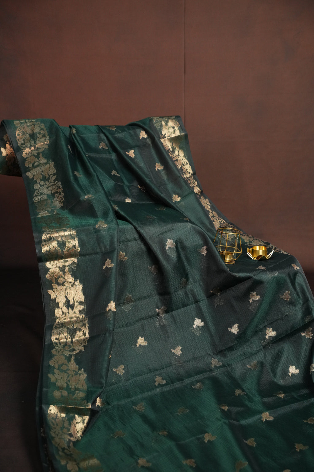 Dark Green Banaras Silk Saree with Copper All Over Butta