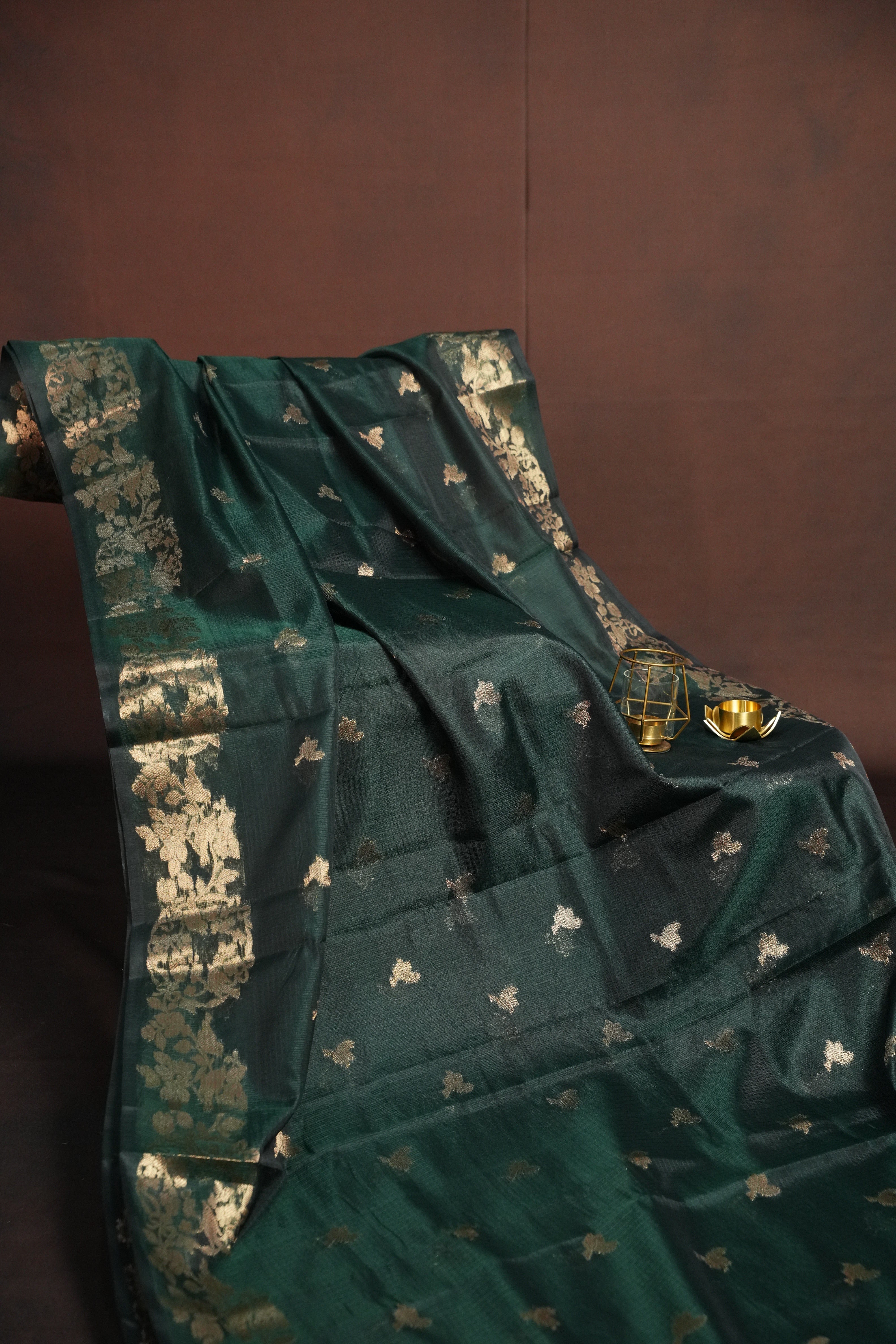 Dark Green Banaras Silk Saree with Copper All Over Butta