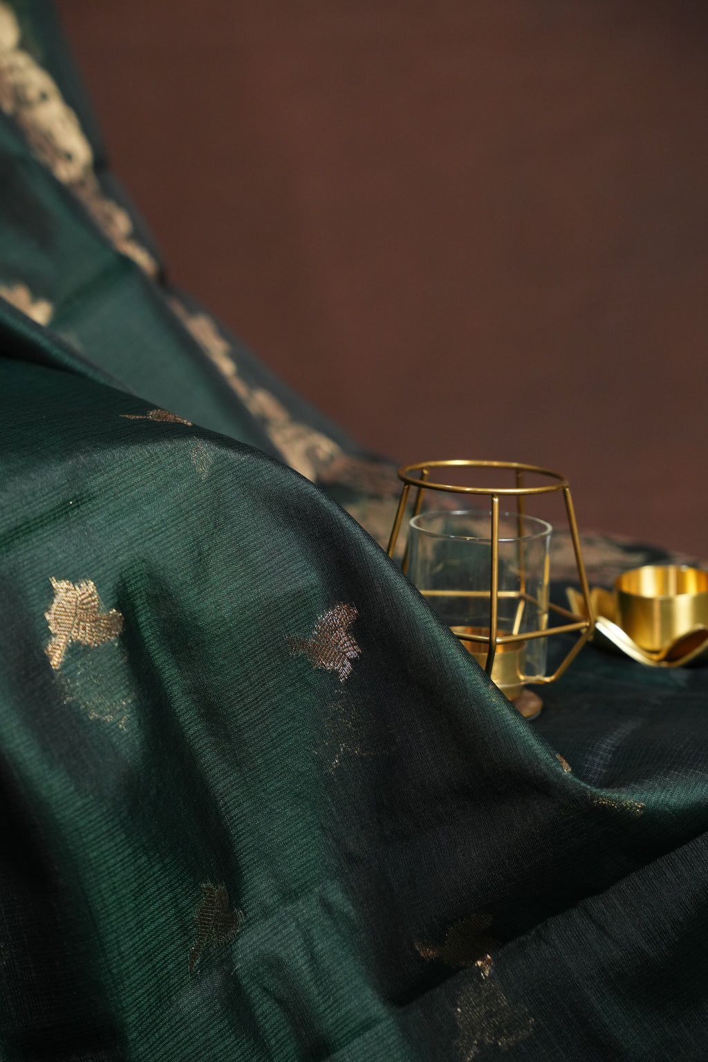 Dark Green Banaras Silk Saree with Copper All Over Butta