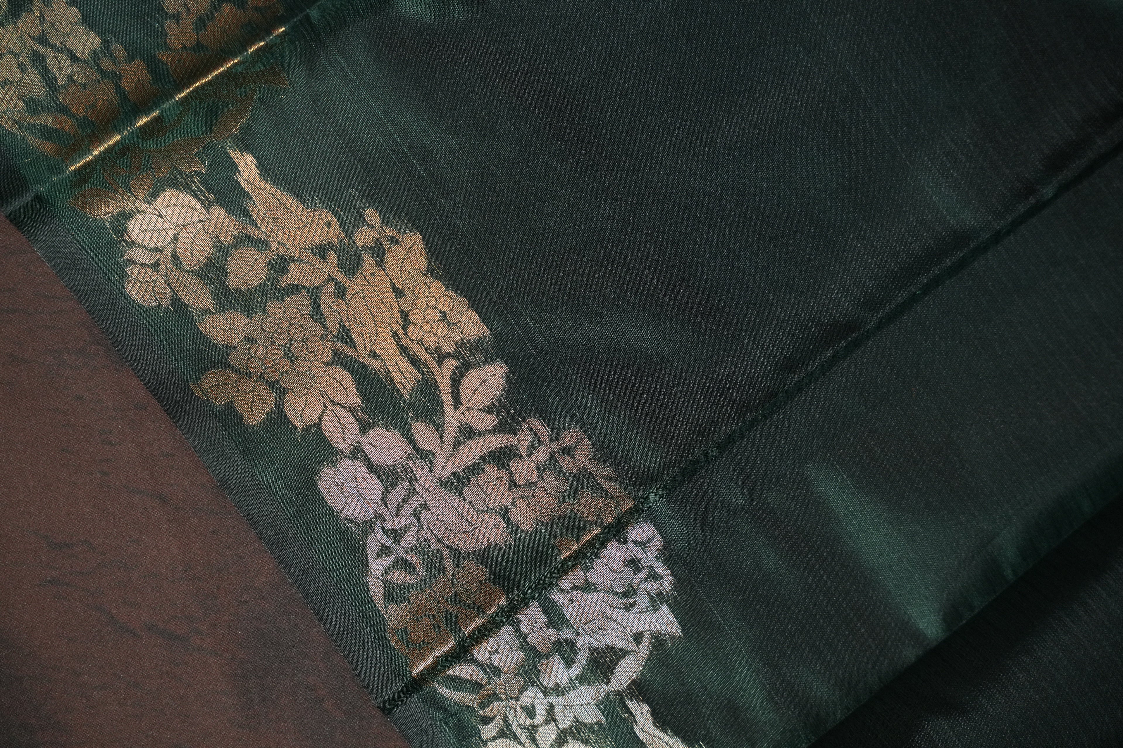 Dark Green Banaras Silk Saree with Copper All Over Butta