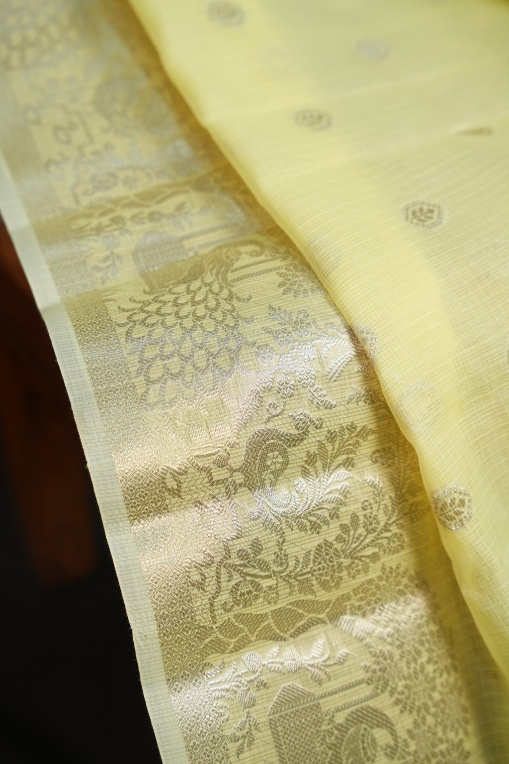 Pastel Yellow Banaras Silk Saree with Silver All Over Butta