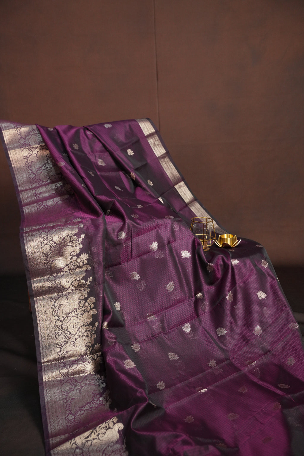 Wine Purple Banaras Silk Saree with All Over Butta Design