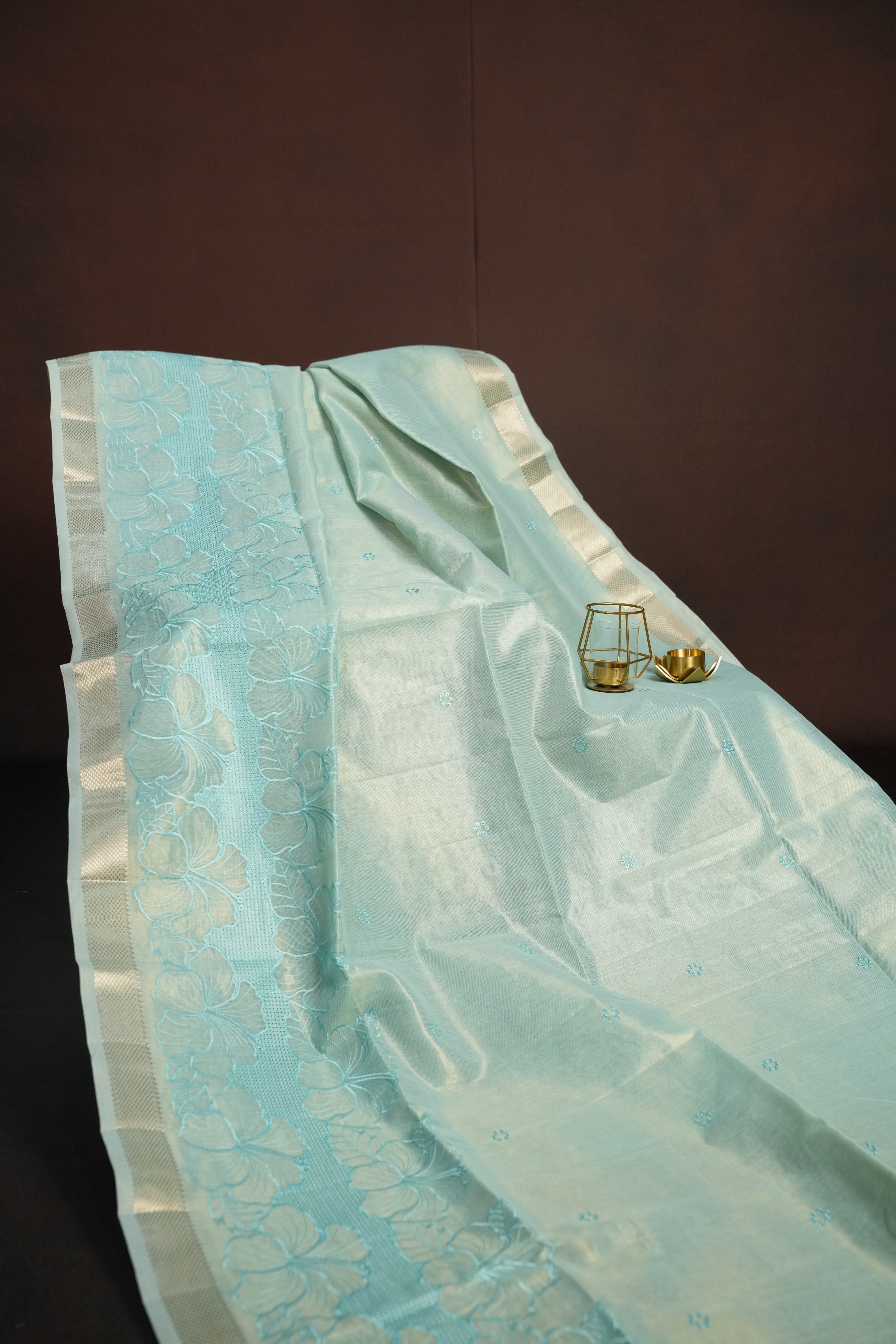 Sky Blue Benaras Saree with Floral Woven Design