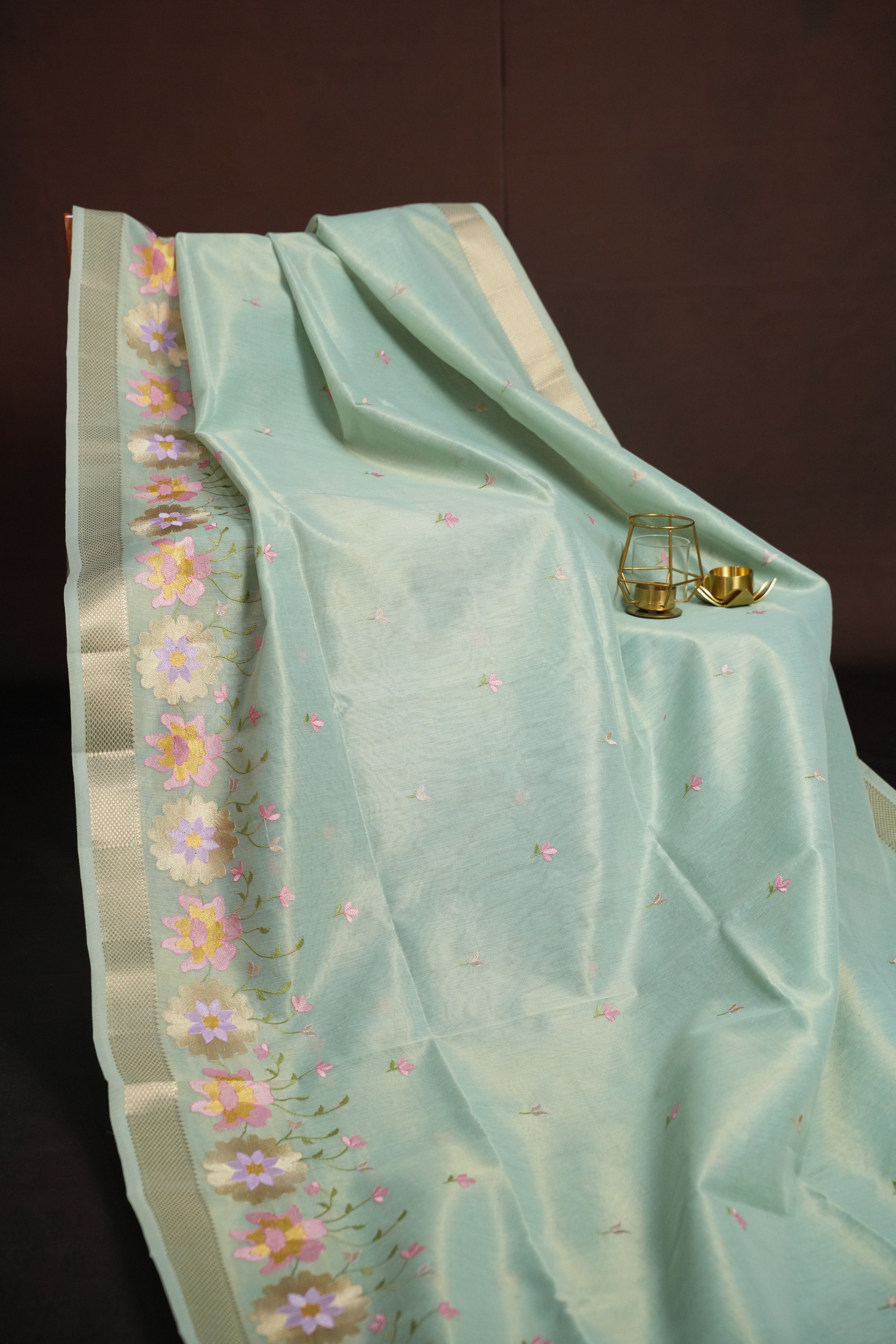 Pastel Green Benaras Saree with Floral Embroidery Design