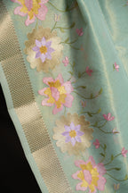 Pastel Green Benaras Saree with Floral Embroidery Design