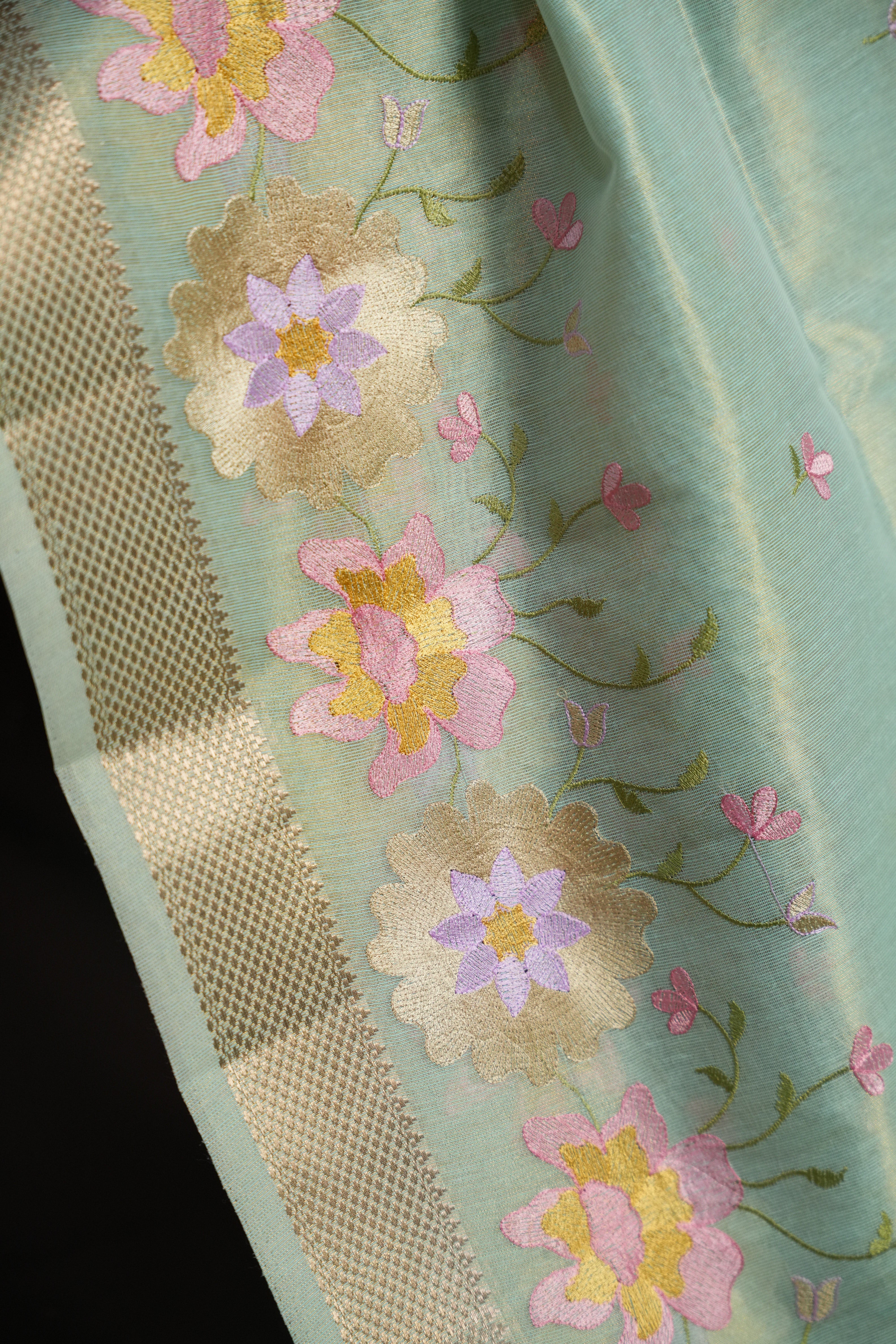 Pastel Green Benaras Saree with Floral Embroidery Design
