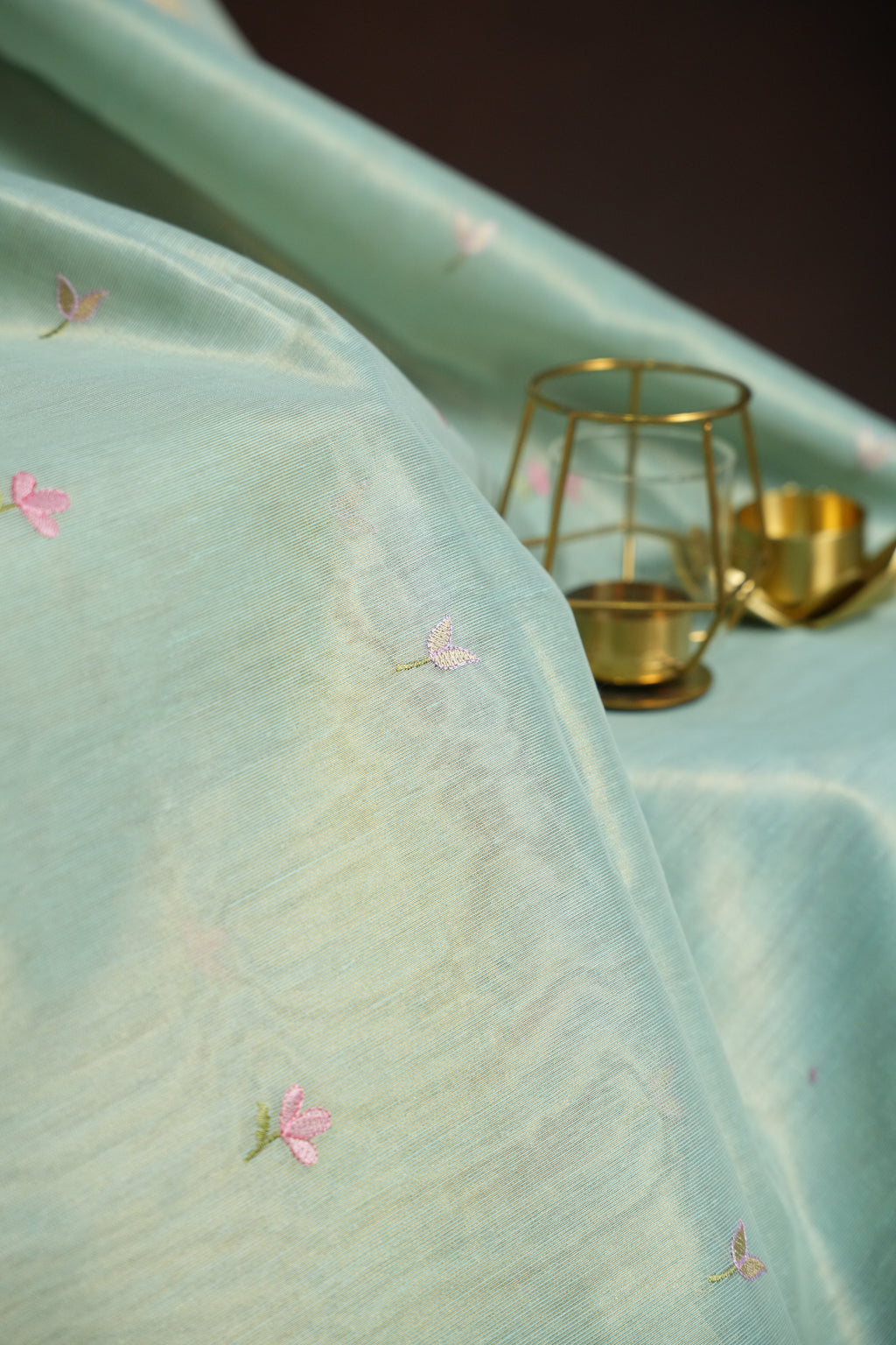 Pastel Green Benaras Saree with Floral Embroidery Design