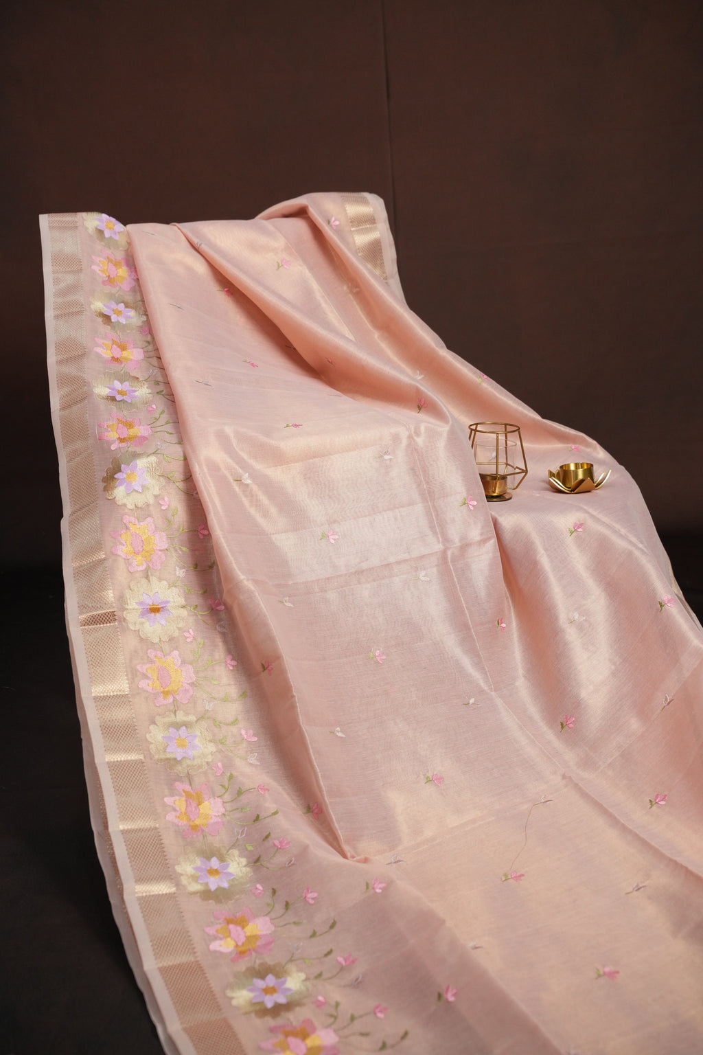 Blush Pink Benaras Saree with Floral Embroidery Design