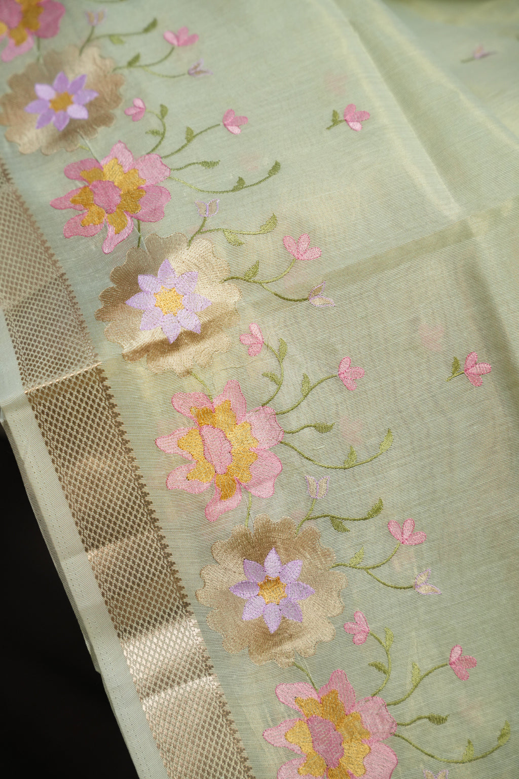 Pastel Blue Benaras Saree with Floral Embroidery Design