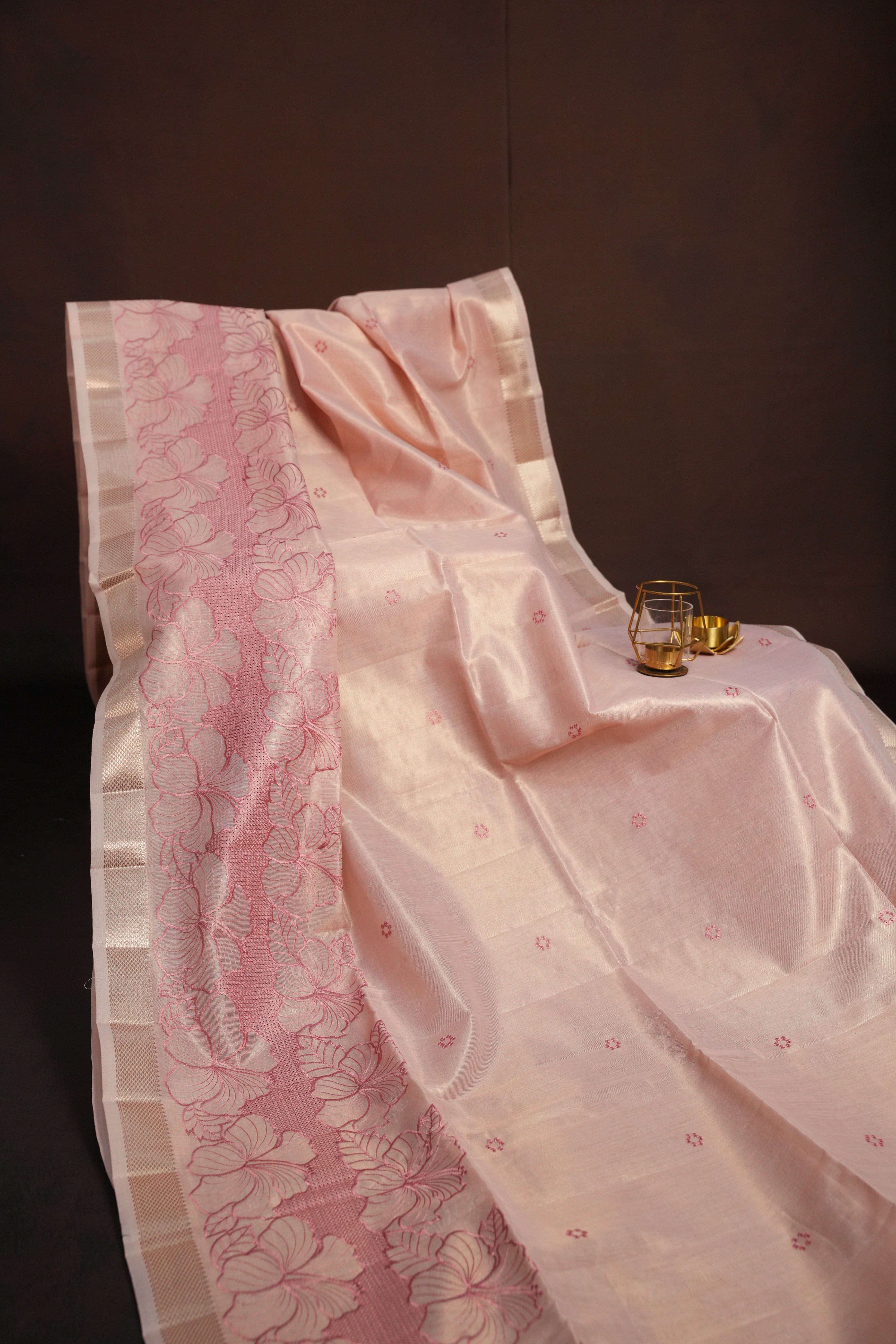 Pastel Pink Benaras Saree with Floral Woven Design