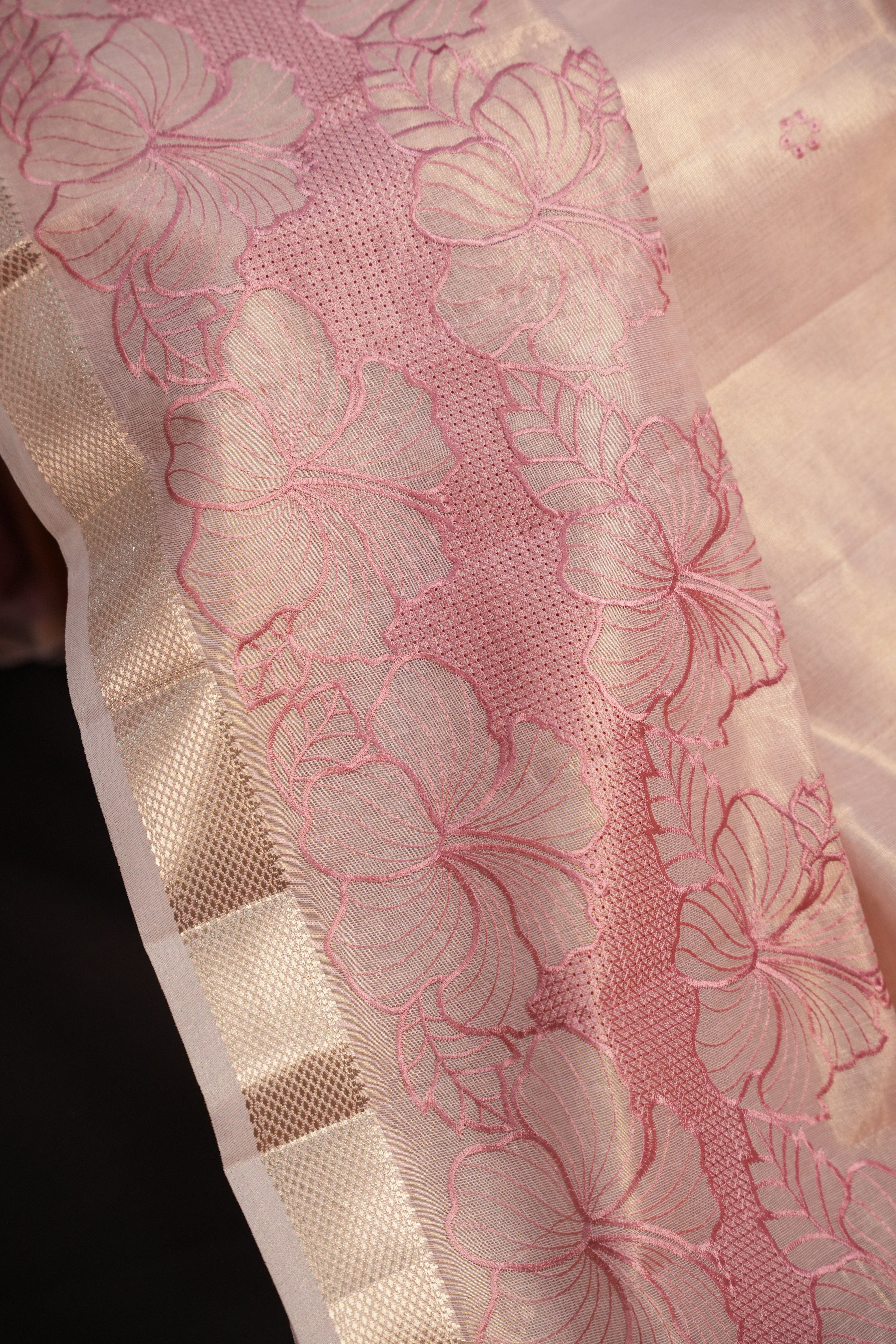 Pastel Pink Benaras Saree with Floral Woven Design