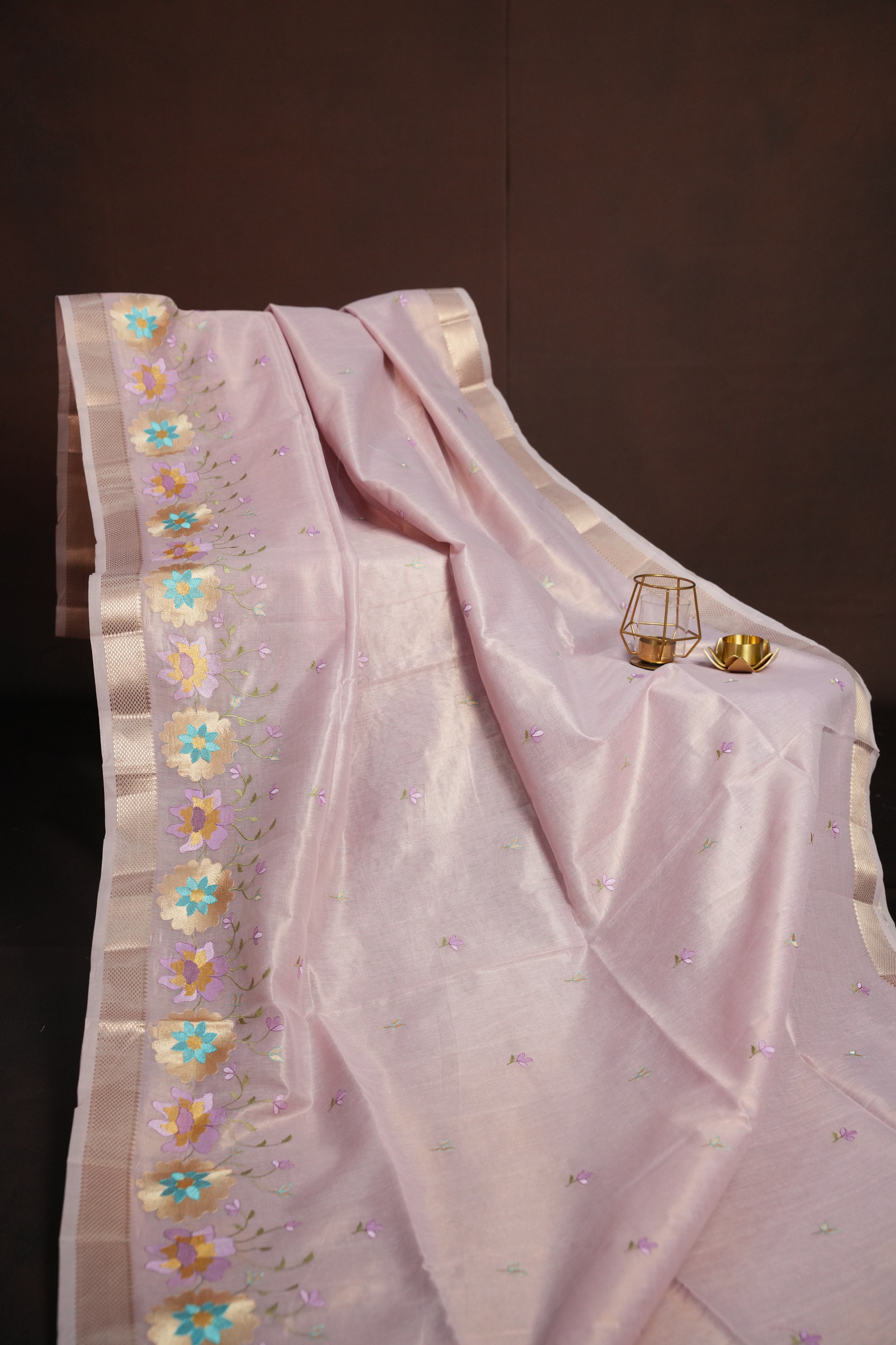 Pastel Lavender Benaras Saree with Floral Embroidery Design