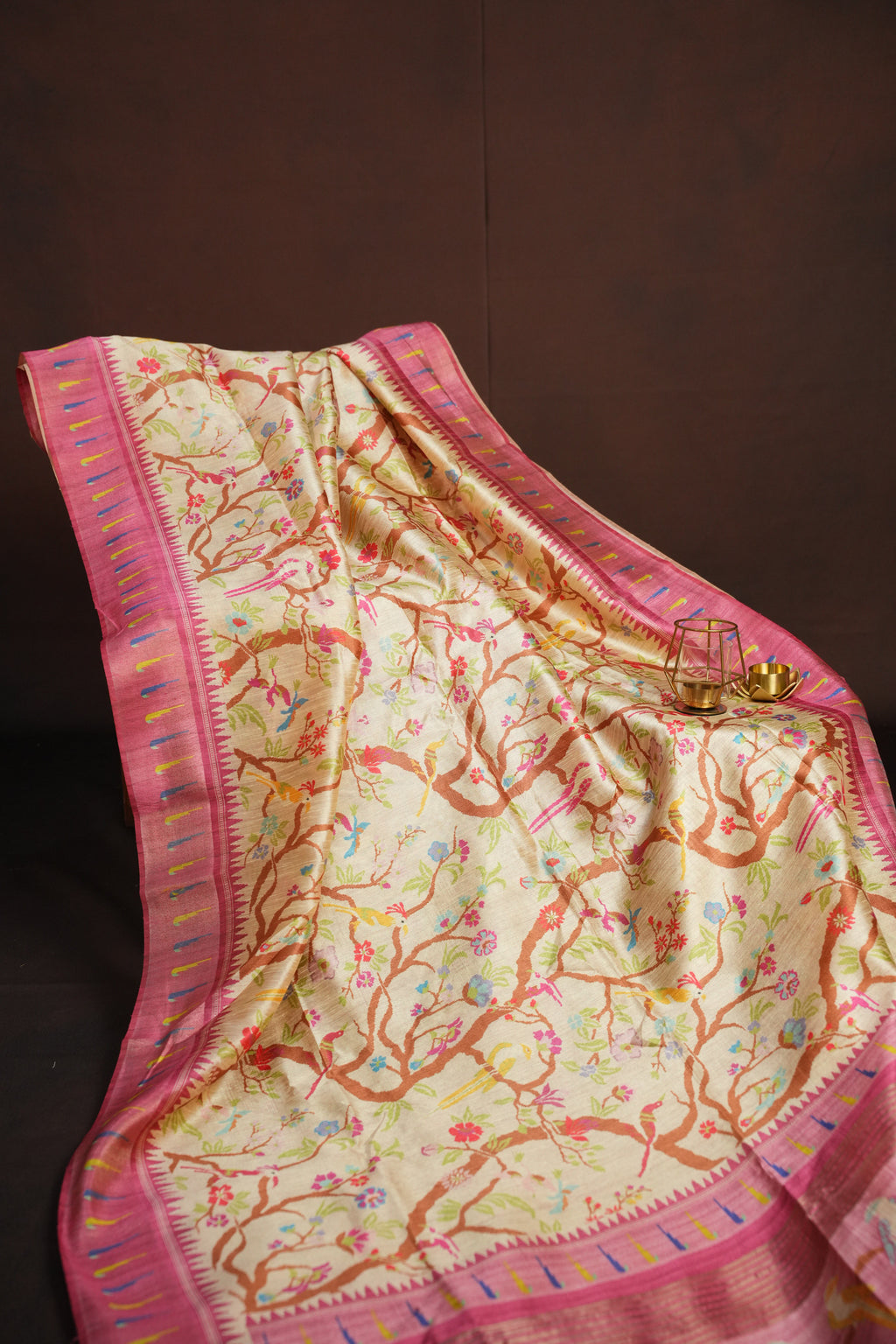 Pink Fancy Linen Saree with Bird Print and Tassel Design