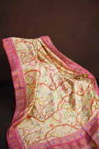 Pink Fancy Linen Saree with Bird Print and Tassel Design