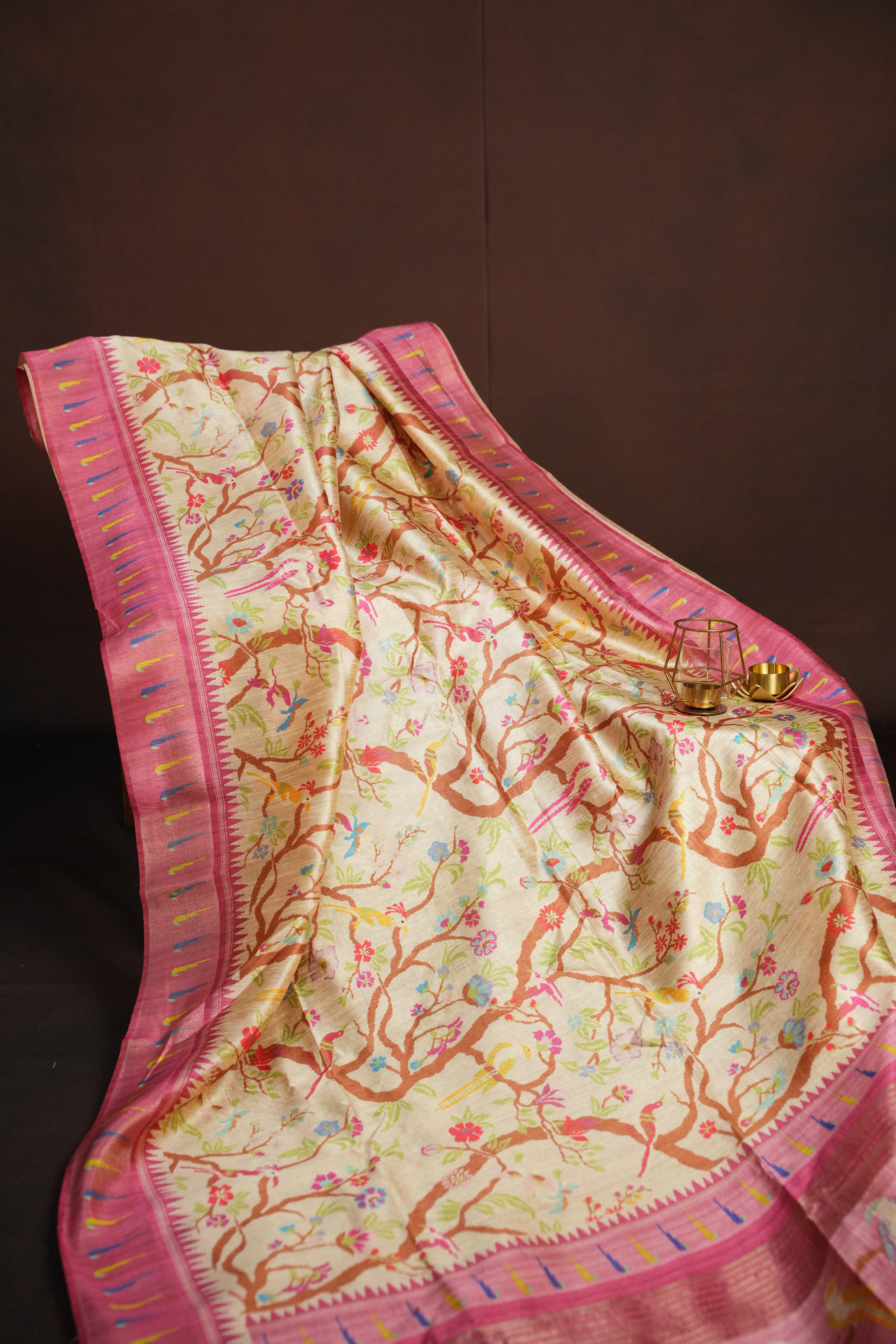 Pink Fancy Linen Saree with Bird Print and Tassel Design
