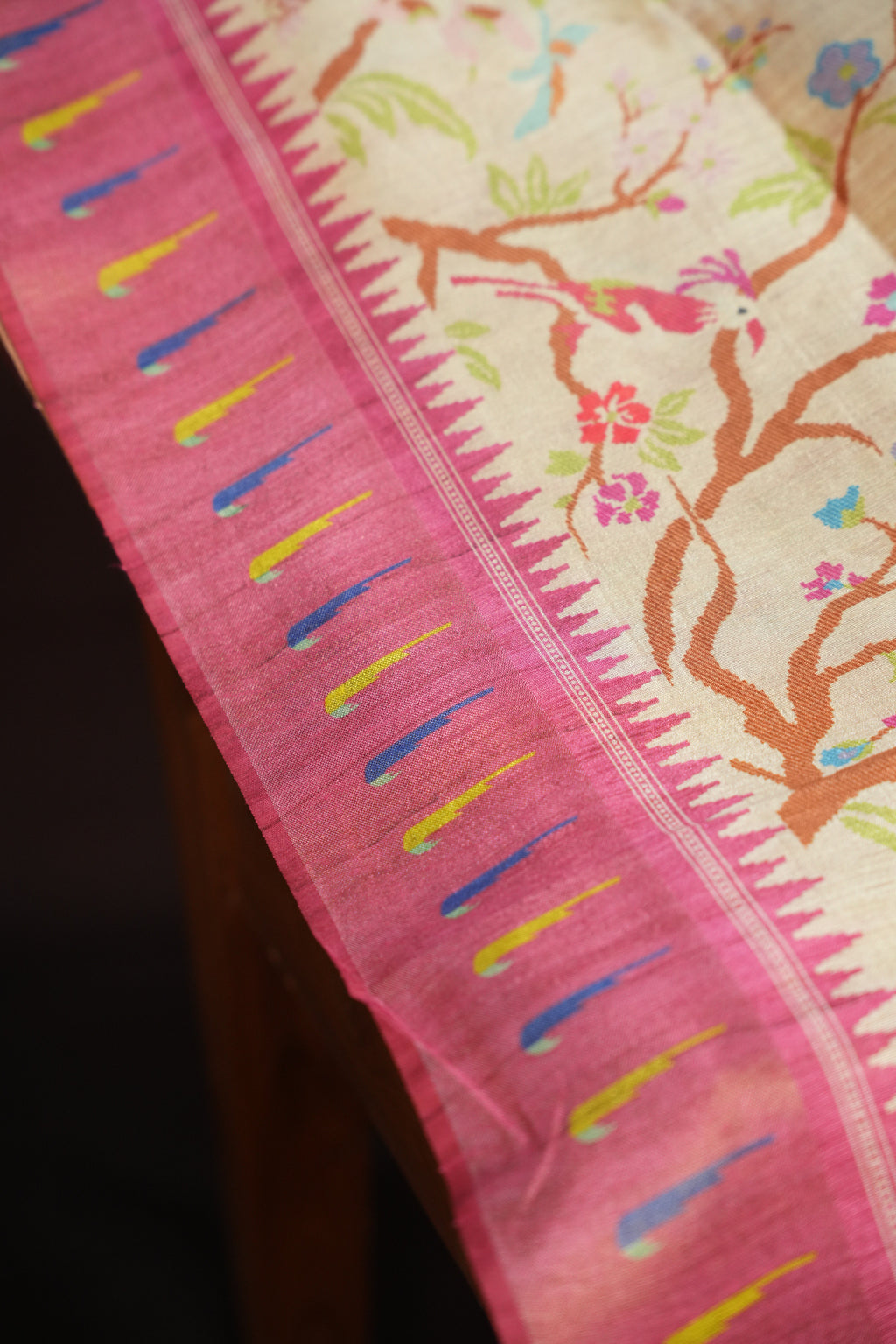 Pink Fancy Linen Saree with Bird Print and Tassel Design