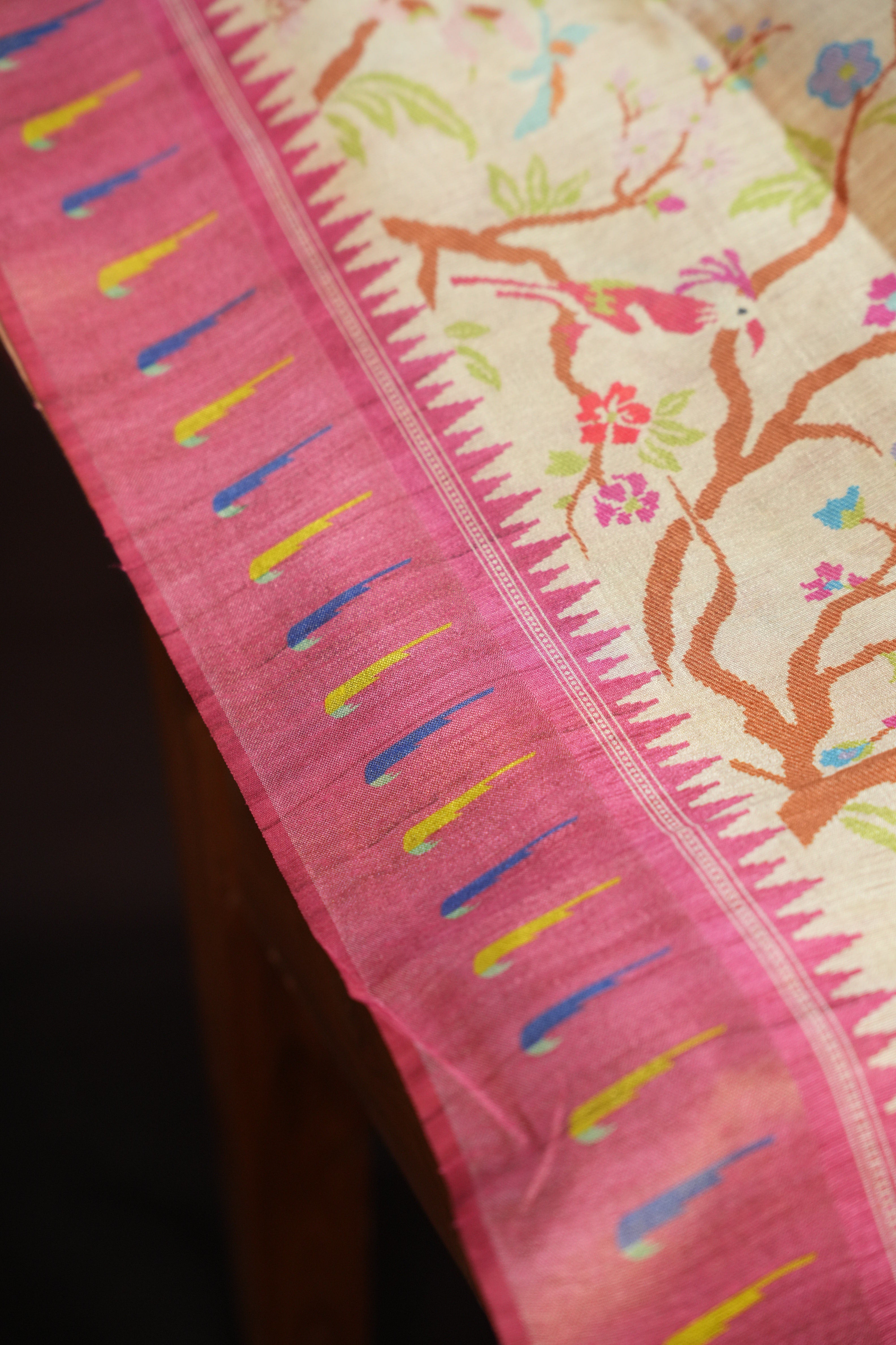 Pink Fancy Linen Saree with Bird Print and Tassel Design