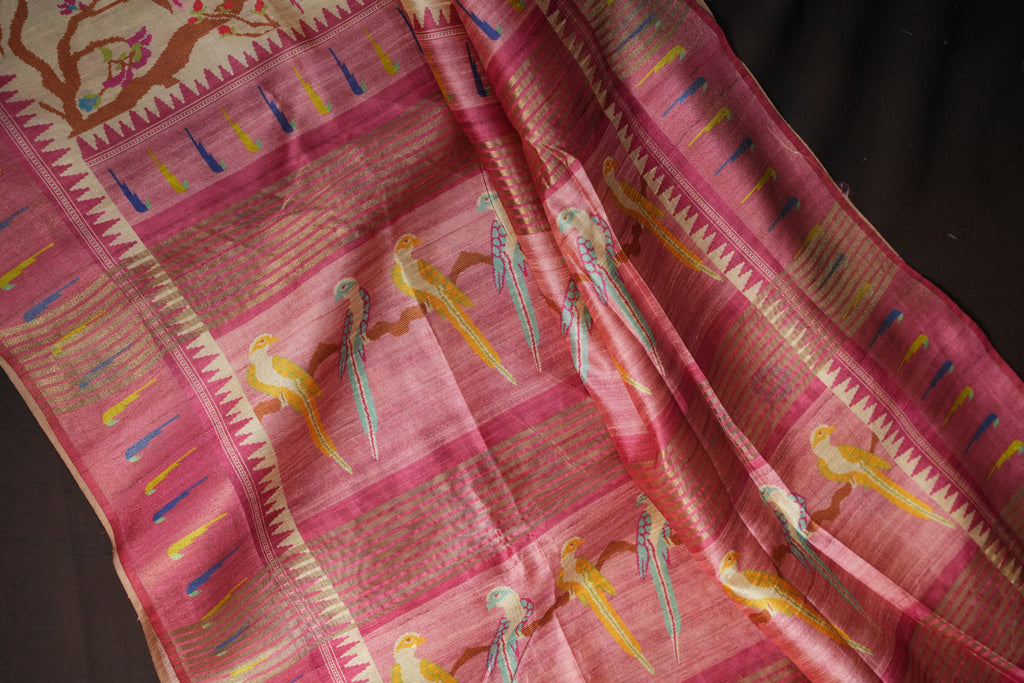 Pink Fancy Linen Saree with Bird Print and Tassel Design