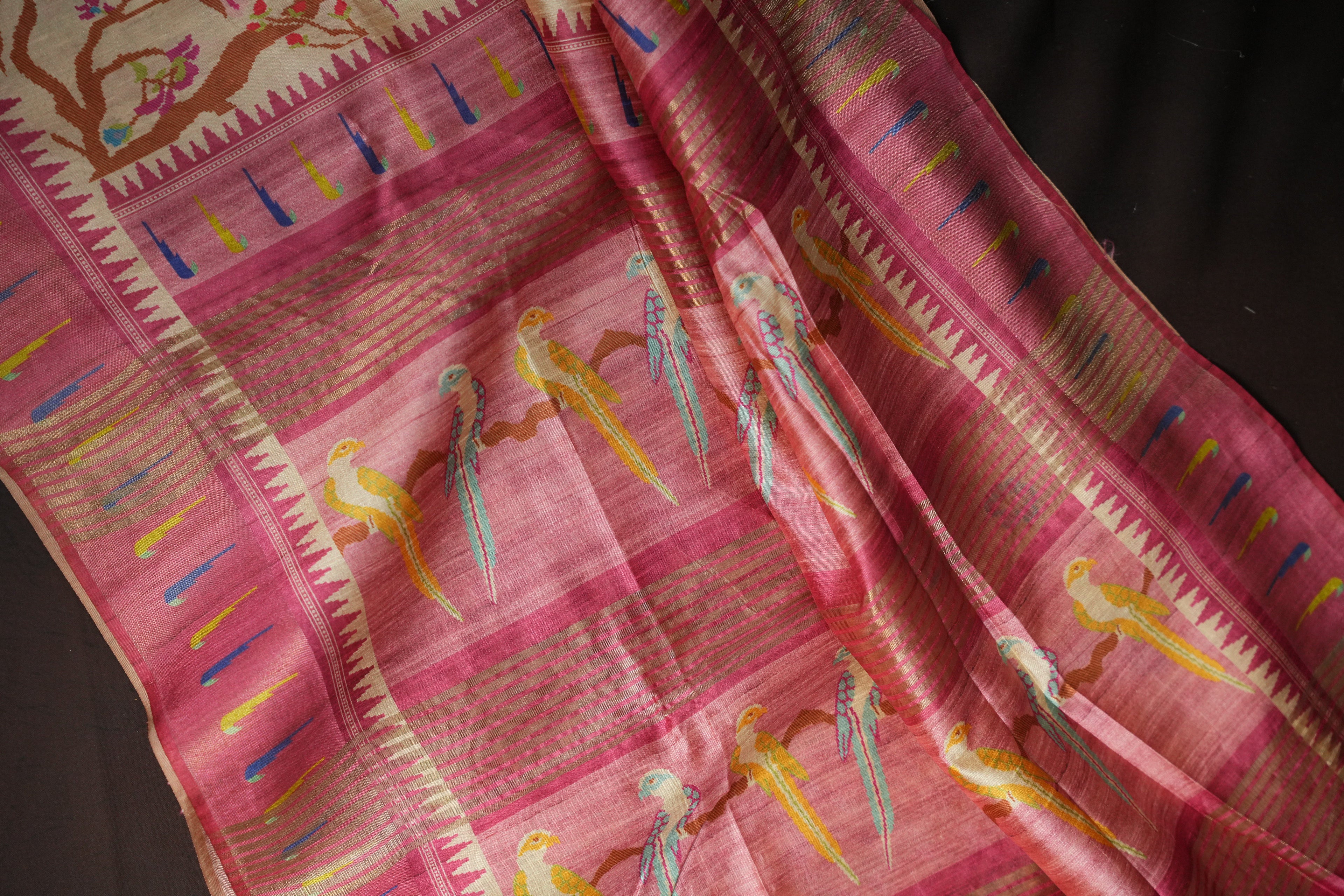 Pink Fancy Linen Saree with Bird Print and Tassel Design