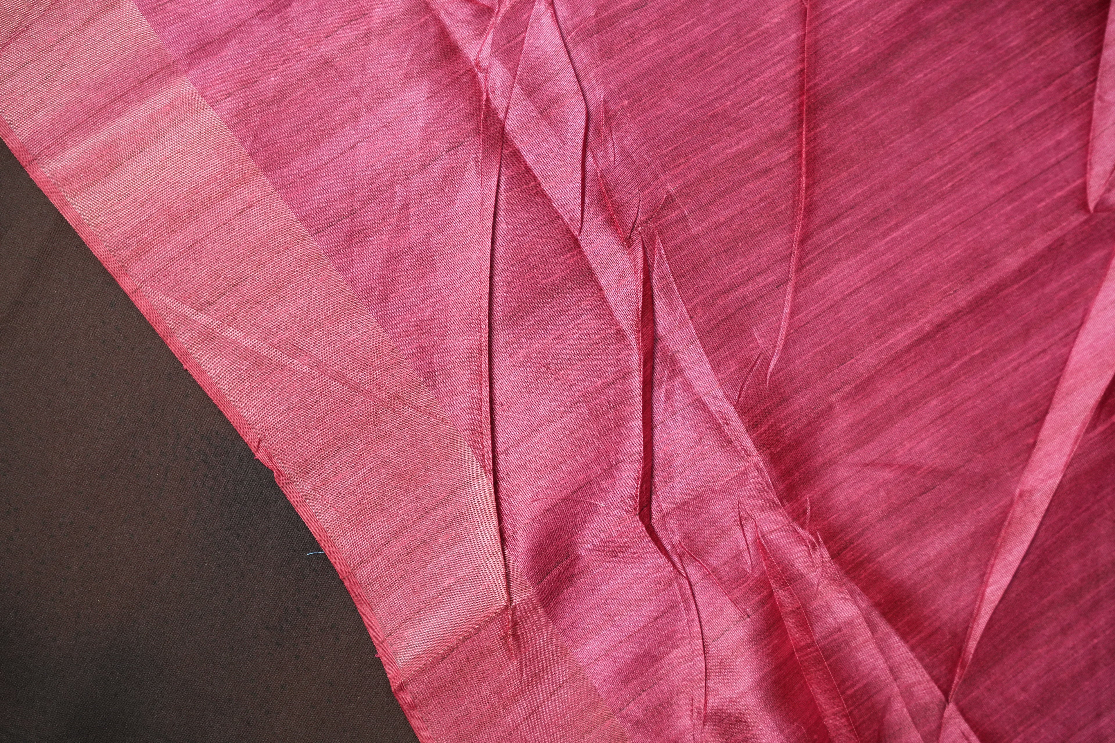 Pink Fancy Linen Saree with Bird Print and Tassel Design