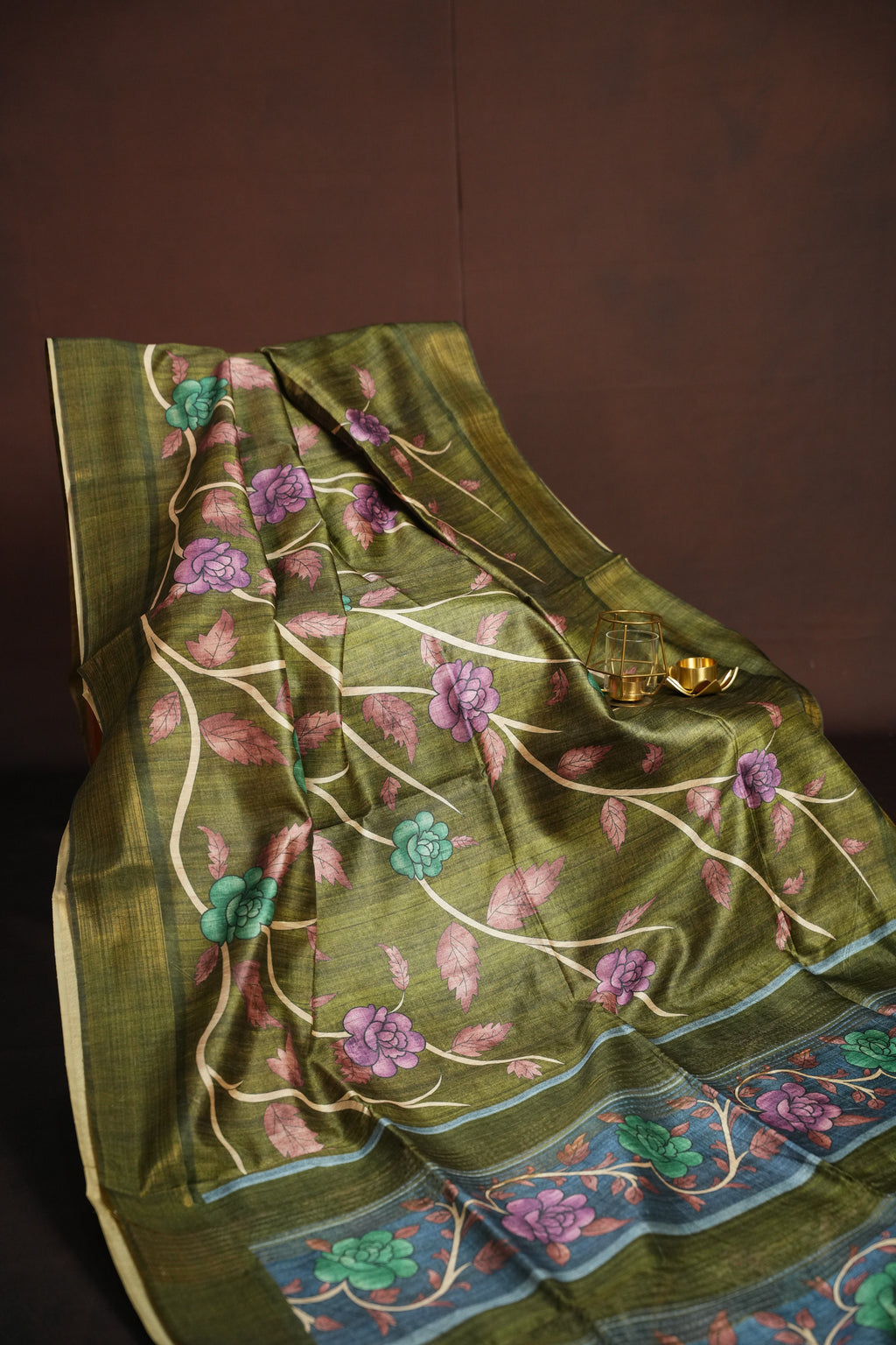 Olive Green Floral Fancy Linen Saree with Artistic Print