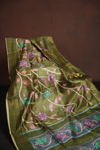 Olive Green Floral Fancy Linen Saree with Artistic Print