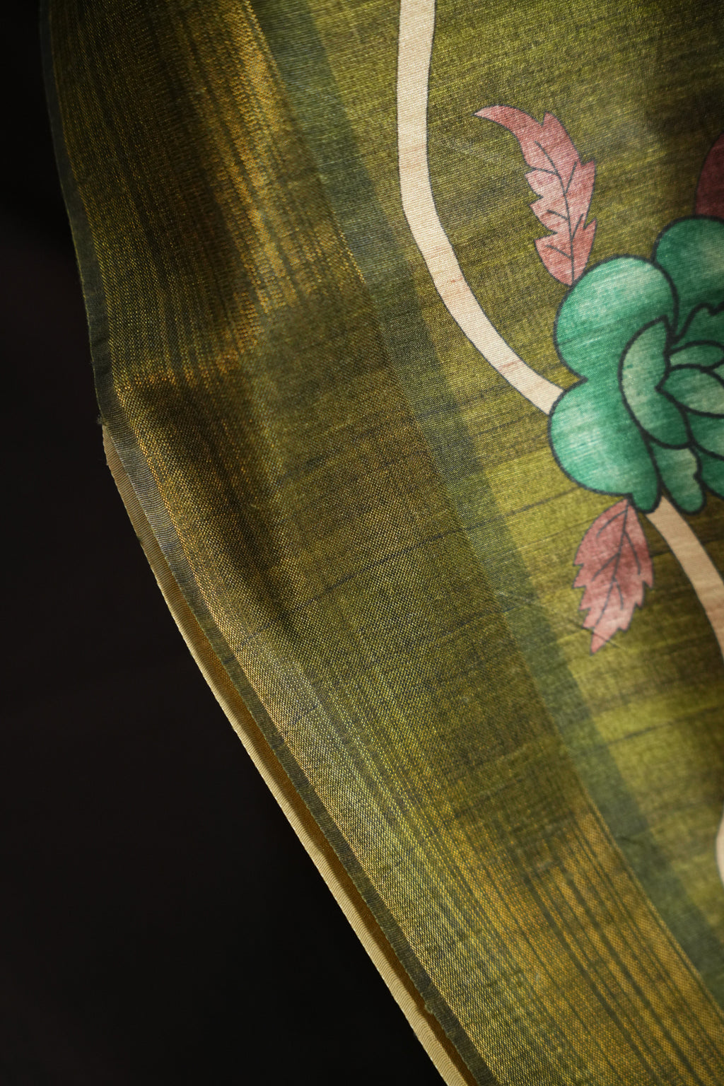 Olive Green Floral Fancy Linen Saree with Artistic Print