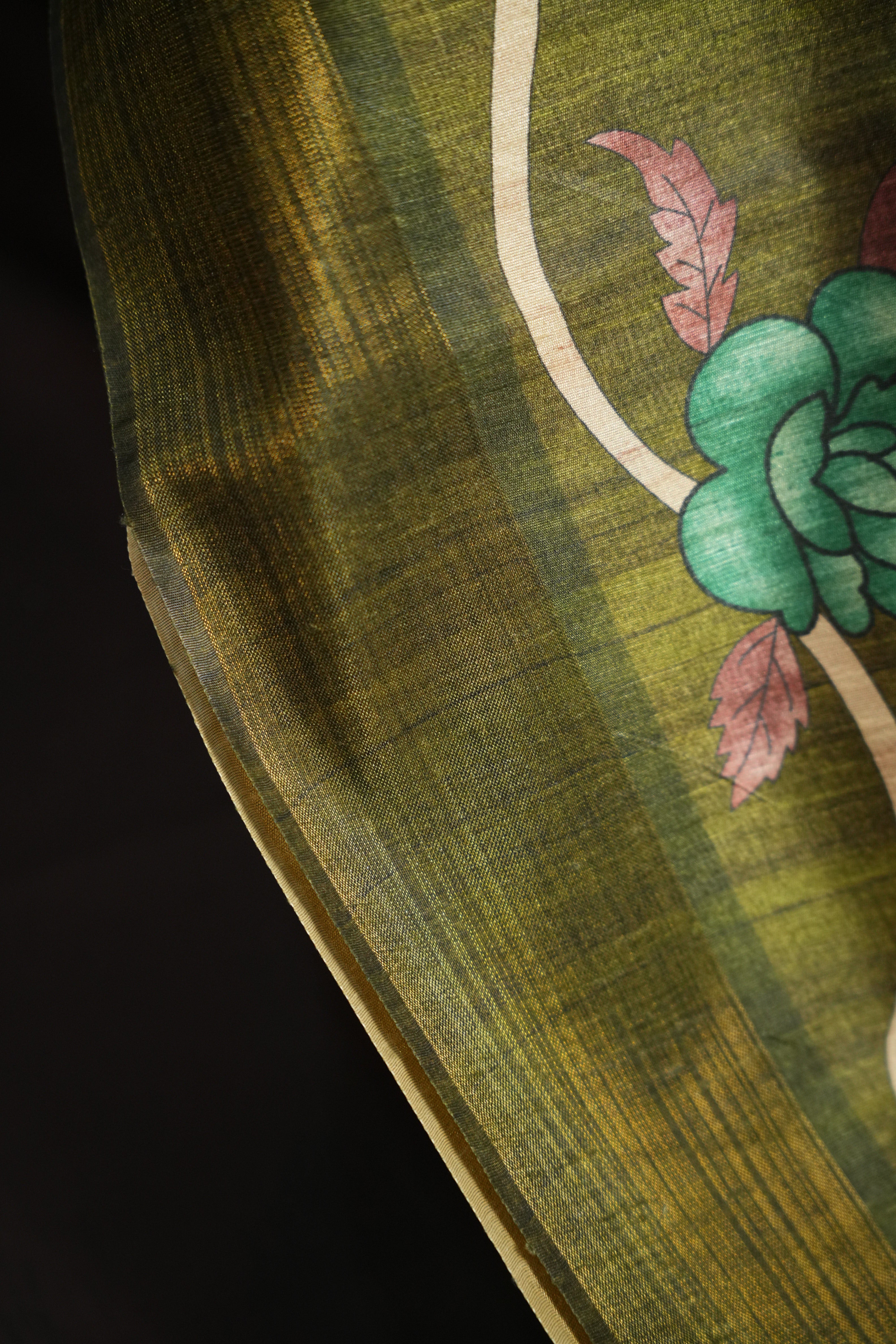 Olive Green Floral Fancy Linen Saree with Artistic Print