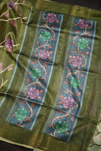 Olive Green Floral Fancy Linen Saree with Artistic Print
